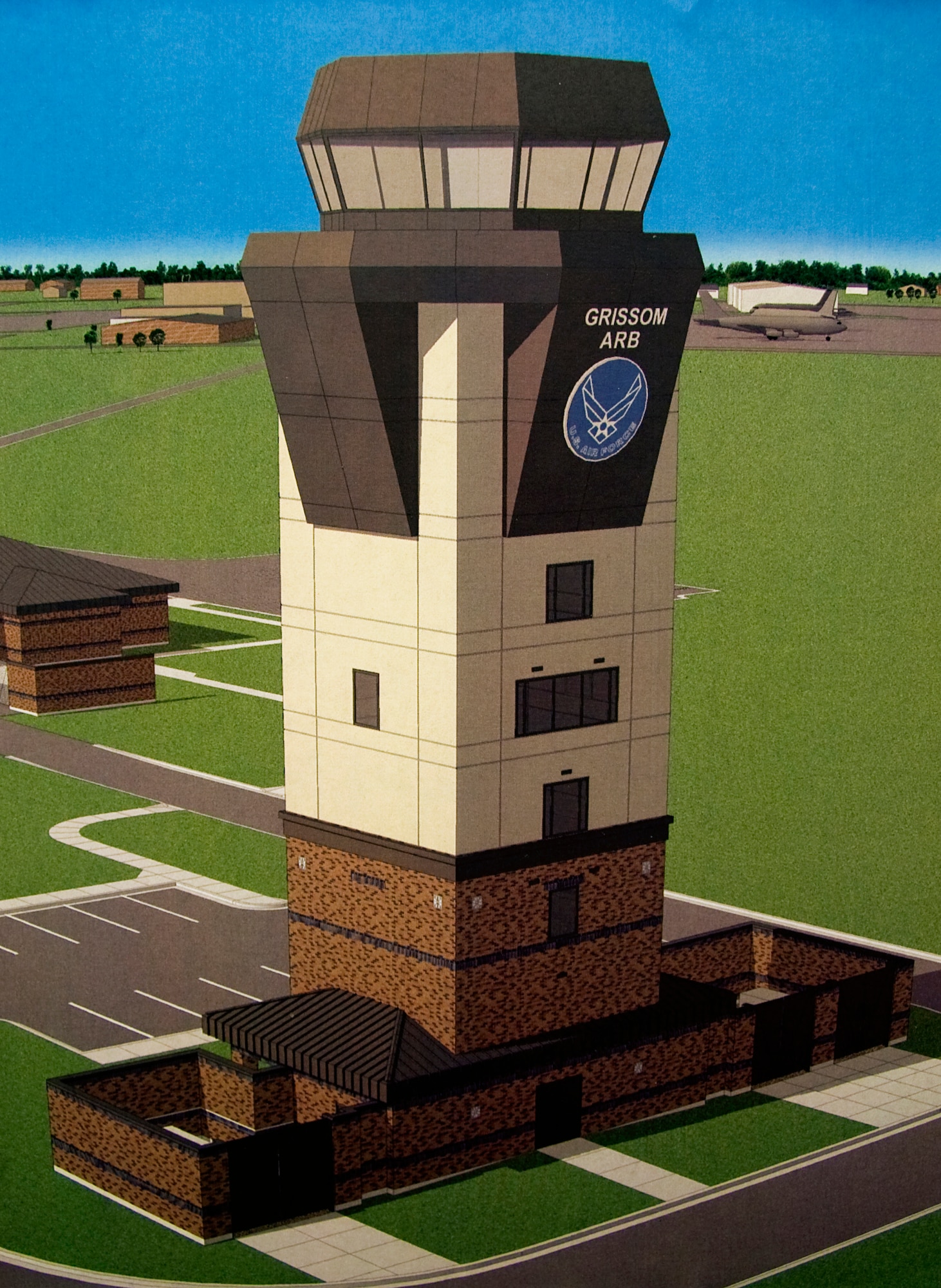 GRISSOM AIR RESERVE BASE, Ind. -- A new air traffic control tower is shown here in one of the architect?s concept drawings. The new ATC tower, with a programmed cost of $7.4 million, will replace an existing structure built in 1965 and enhance Grissom's ATC abilities. When complete, the nine-story tower will provide Grissom's air traffic controllers with increased visibility, space for a control tower simulator to enhance training, increased security, office space for administrative functions, and enhanced environmental controls. (U.S. Air Force photo/Tech. Sgt. Mark R. W. Orders-Woempner)
