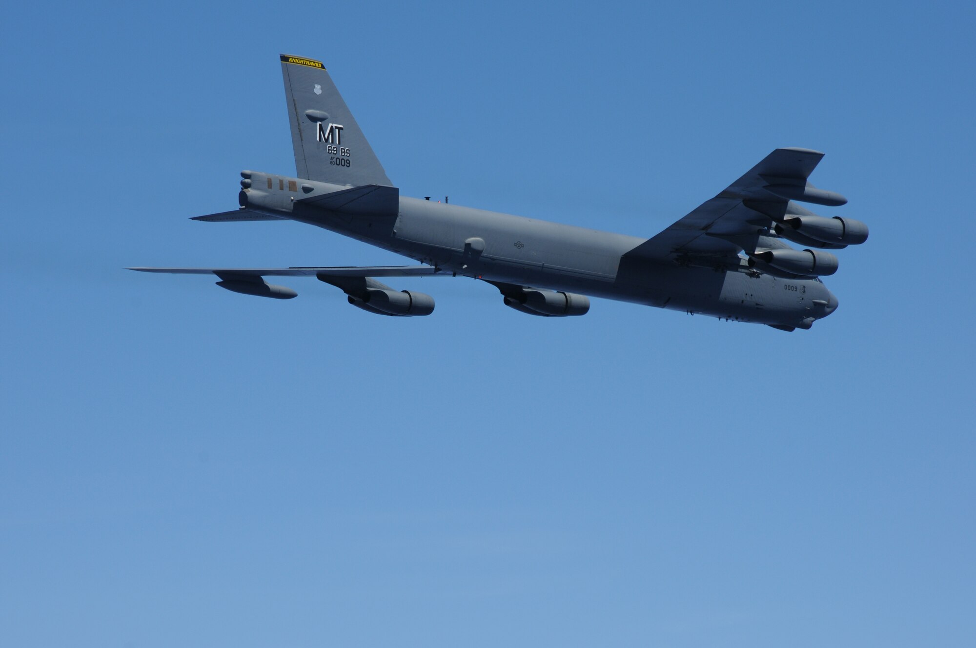ANDERSEN AIR FORCE BASE, Guam- A B-52 Stratofortress from the 69th Expeditionary Bomb Squadron, Minot Air Force Base, N.D., flies overhead for a bomb check, making sure all its weapons have been released during its training bomb run, March 15. (U.S. Air Force photo/ Senior Airman Carlin Leslie)