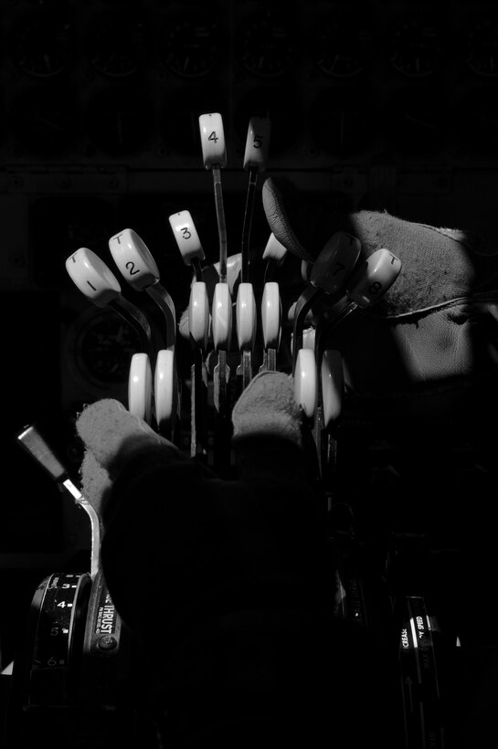 ANDERSEN AIR FORCE BASE, Guam- The engine throttles of a B-52 Stratofortress are tested after take-off to help ensure the mechanical life and stability of the engines are maintained, March 15 here. The pilots set the engines at different speeds and take the measurements on the panel, allowing them to see if the engines are performing at the same rates. (U.S. Air Force photo/ Senior Airman Carlin Leslie)