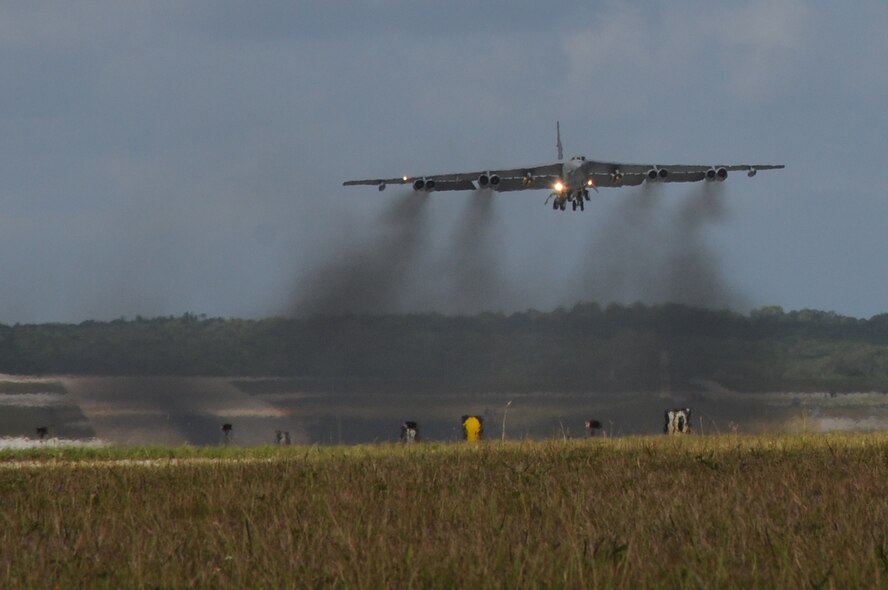 ANDERSEN AIR FORCE BASE, Guam - A B-52 Stratofortress, "The Buff" of the 69th Expeditionary Bomb Squadron from Minot Air Force Base, N.D., lifts off with M117 air-dropped general purpose bombs, March 14 here. The bombs will be released over a training range north of Andersen. (U.S. Air Force photo/ Senior Airman Carlin Leslie)
