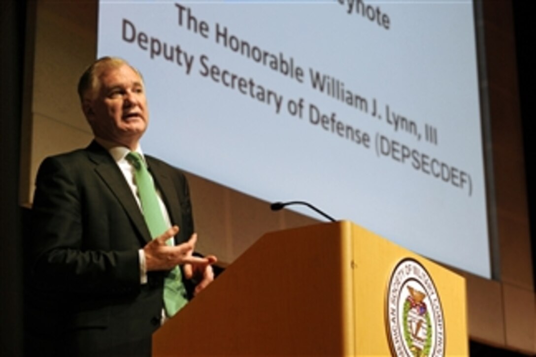 Deputy Secretary of Defense William J. Lynn III addresses the American Society of Military Comptrollers at their meeting in the Ronald Reagan Building in Washington, D.C., on March 17, 2011.  