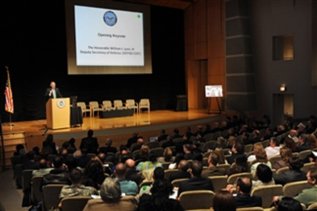 Deputy Secretary of Defense William J. Lynn III delivers the keynote address at the meeting of the American Society of Military Comptrollers held in the Ronald Reagan Building of the International Trade Center, Washington, D.C., on March 17, 2011.  