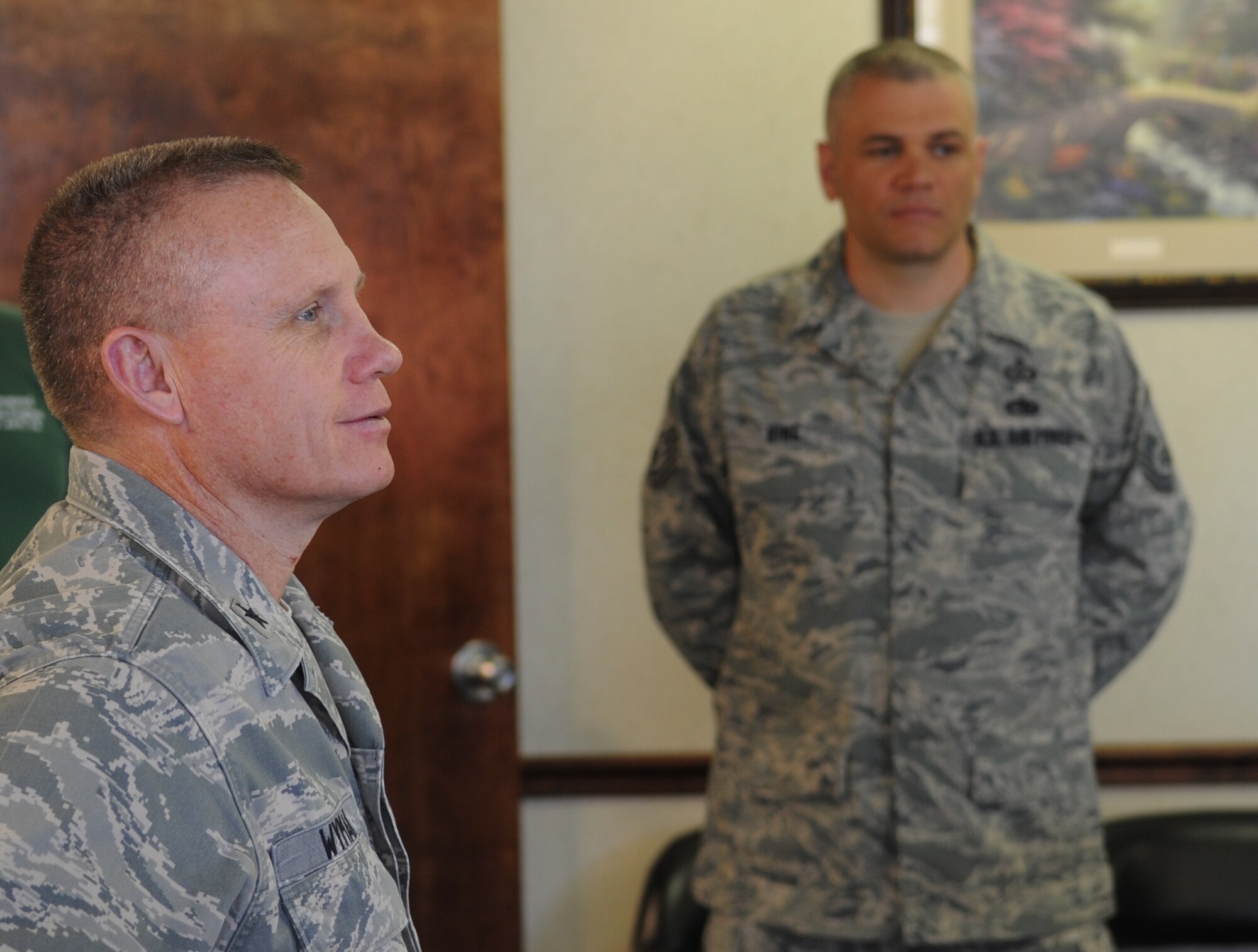 MOODY AIR FORCE BASE, Ga. -- Brig. Gen. Daniel Wyman, command surgeon of Air Combat Command, talks with Airmen at the Drug Demand Reduction office March 17. During this discussion, they spoke about the rise of the use of spice in the Air Force. (U.S. Air Force photo/Airman 1st Class Douglas Ellis)(RELEASED)
