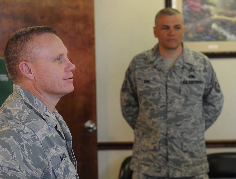 MOODY AIR FORCE BASE, Ga. -- Brig. Gen. Daniel Wyman, command surgeon of Air Combat Command, talks with Airmen at the Drug Demand Reduction office March 17. During this discussion, they spoke about the rise of the use of spice in the Air Force. (U.S. Air Force photo/Airman 1st Class Douglas Ellis)(RELEASED)
