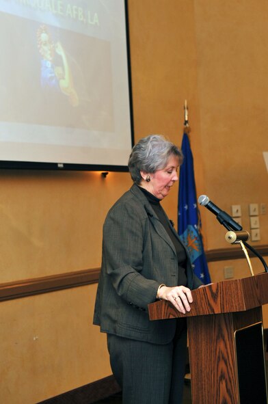 Ms. Ann Mitchell, Air Force Global Strike director of installations, logistics and mission support was the guest speaker during the Women's Heritage Luncheon at Barksdale Air Force Base, La., March 15. Ms. Mitchell is responsible for organizing, training and equipping the command's civil engineer, contracting, logistics, maintenance, munitions and security forces squadrons totaling 13,000 personnel. Women's History Month is commemorated March 1-31. The observance recognizes and celebrates the diverse and historic accomplishments of women throughout the world. (U.S. Air Force photo/Senior Airman Brittany Y. Bateman)(RELEASED)