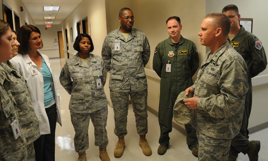 MOODY AIR FORCE BASE, Ga. -- Brig. Gen. Daniel Wyman, command surgeon of Air Combat Command, talks with Moody members from the 23rd Medical Group flight medicine March 17. The main part of General Wyman's visit was to visit each section of the clinic and talk with the staff. (U.S. Air Force photo/Airman 1st Class Douglas Ellis)(RELEASED)
