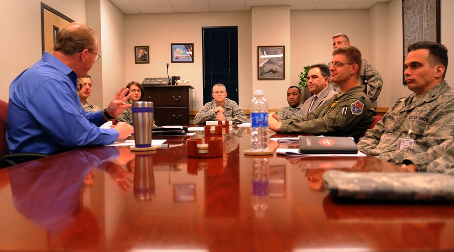 MOODY AIR FORCE BASE, Ga. -- Brig. Gen. Daniel Wyman, command surgeon of Air Combat Command, talks with Moody members during a mission brief March 17. During his two-day visit, General Wyman explored the different parts of Moody that encompass the 23rd Medical Group capabilities, including trips to locations around the base. (U.S. Air Force photo/Airman 1st Class Douglas Ellis)(RELEASED)
