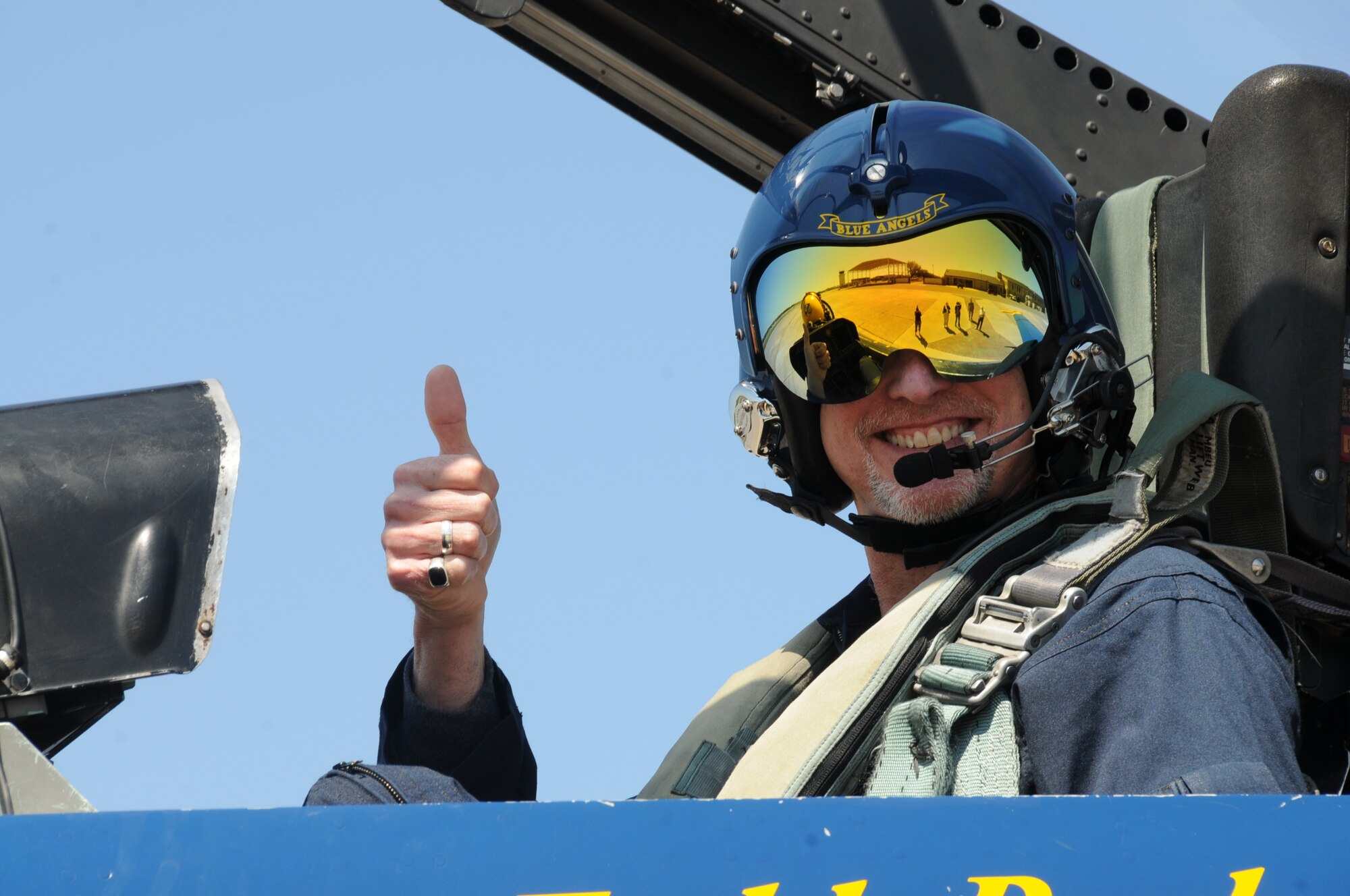 March 16, the Navy Blue Angels flight demonstration squadron provided incentive rides for education leaders and media representatives in advance of Keesler's Angels Over the Bay Open House and Air Show, scheduled for March 19 and 20.  Last year, the Blue Angels performed 68 air shows at 35 U.S. sites in their F/A-18 Hornets for more than 8 million spectators.  Since its inception in 1946, the Blue Angels have performed for more than 463 million fans.  (U.S. Air Force photos by Kemberly Groue)