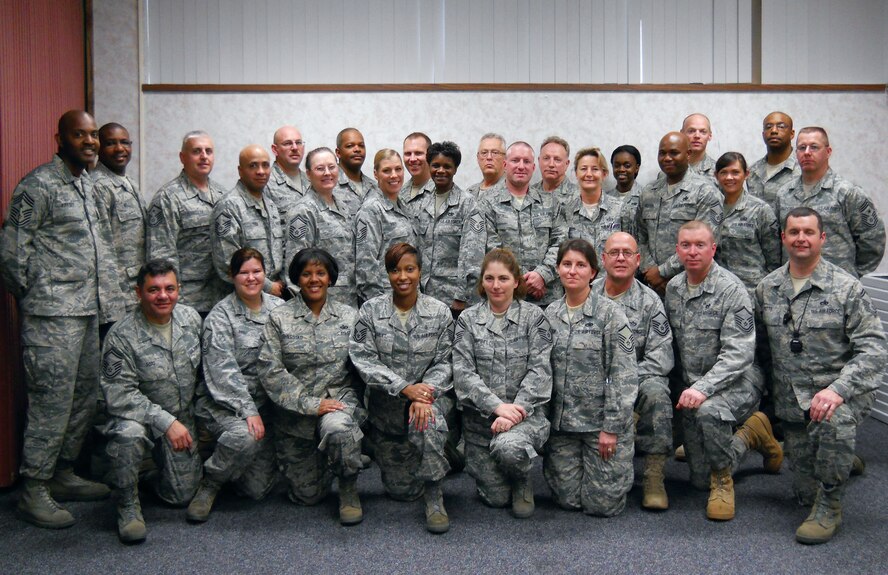 The 908 Airlift Wing recently hosted the Air Force Reserve Command Staff Noncommissioned Officer Leadership Course. First Row: Master Sgt. Edwin Soto (facilitator), Master Sgt. Monnica Reed, Master Sgt. Nicolette Shegstad, Master Sgt. Crystal Hamlet, Senior Master Sgt. Sherrie Campbell, Master Sgt. Yvonne Johnson, Master Sgt. David Crooks, Master Sgt. Christopher Devoid and Senior Master Sgt. Robert Potts (lead facilitator). Second Row: Master Sgt. Ommar Then, Senior Master Sgt. Martha Roy, Master Sgt. Jayme Frey, Master Sgt. Cassandra Crayton, Master Sgt. Kurtis Sneide, Master Sgt. Annette Gruber, Master Sgt. Clarence Hester, Master Sgt. Wendy Beauchaine and 22nd Command Chief Steven Larwood. Third Row: 908th Airlift Wing Command Chief Camaron Kirksey, Master Sgt. Patrick Wilcox, Master Sgt. Daniel Strozyk, Master Sgt. Marc Mood, Master Sgt. George Crumbley, Master Sgt. Thomas Carney, Master Sgt. Jeffrey Welch, Master Sgt. Nicholas Lyndell, Master Sgt. Shatanya Cook, Master Sgt. Anthony Bourdeau and Master Sgt. Cochran Bishop.