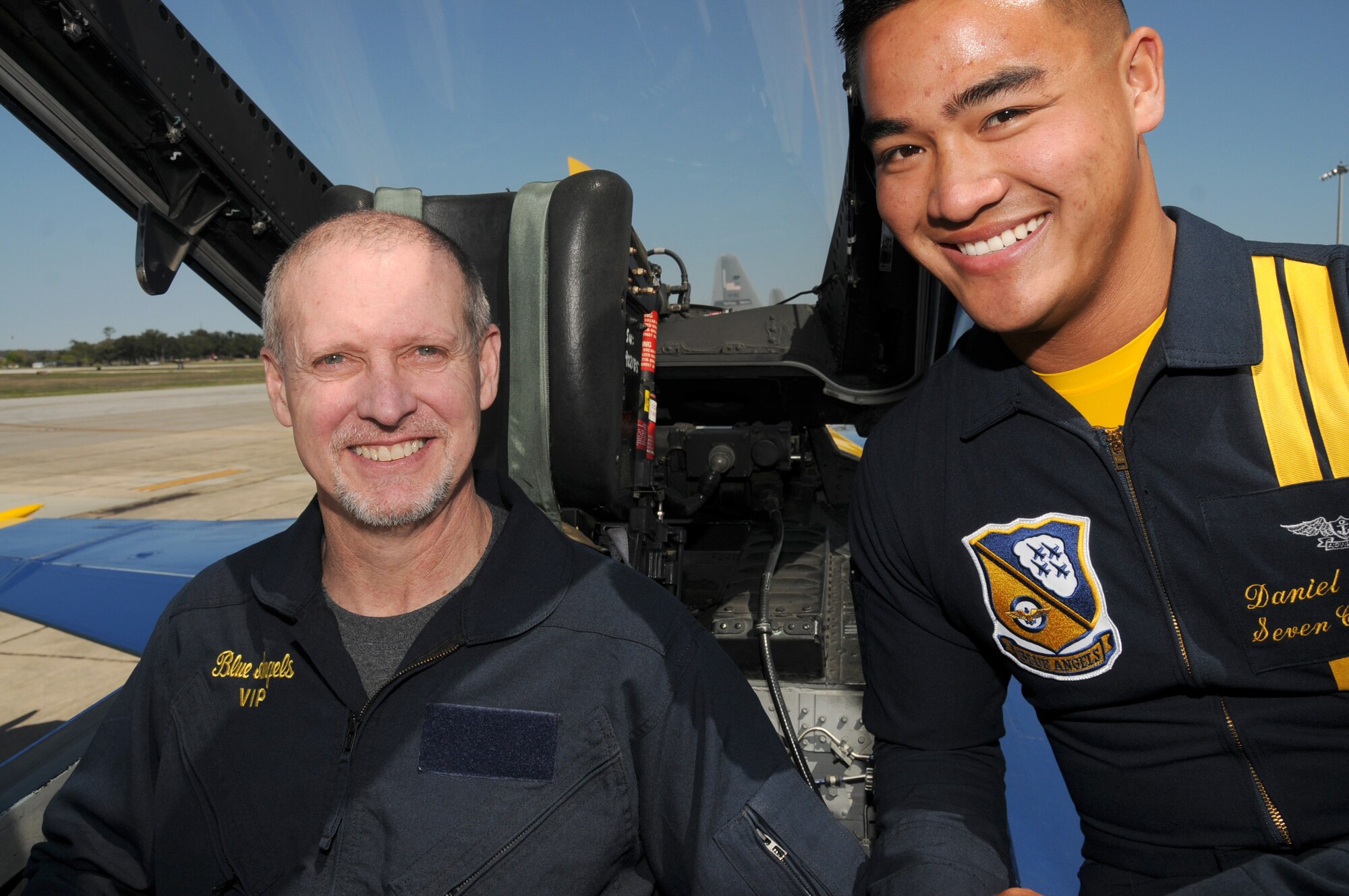 March 16, the Navy Blue Angels flight demonstration squadron provided incentive rides for education leaders and media representatives in advance of Keesler's Angels Over the Bay Open House and Air Show, scheduled for March 19 and 20.  Last year, the Blue Angels performed 68 air shows at 35 U.S. sites in their F/A-18 Hornets for more than 8 million spectators.  Since its inception in 1946, the Blue Angels have performed for more than 463 million fans.  (U.S. Air Force photos by Kemberly Groue)