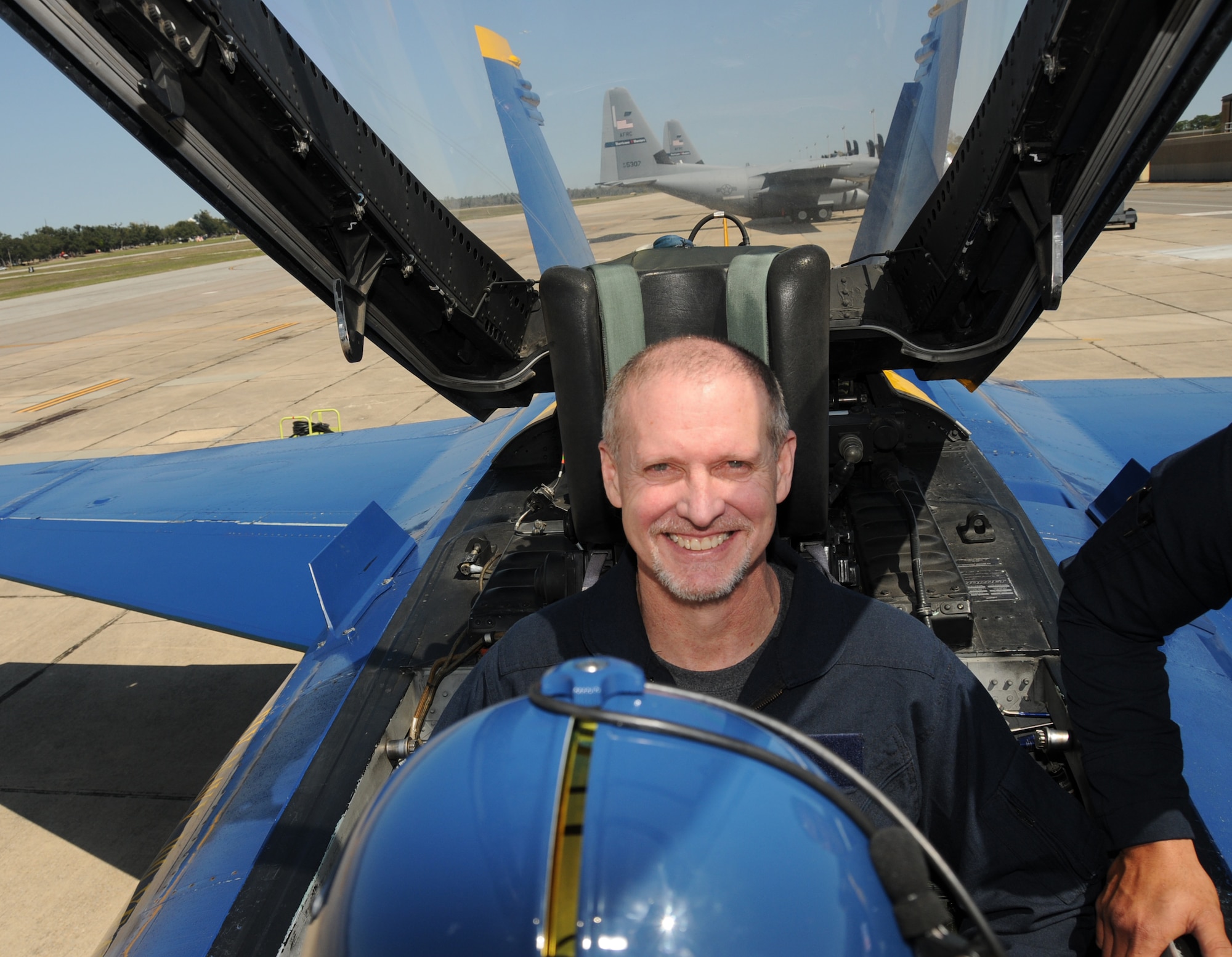 March 16, the Navy Blue Angels flight demonstration squadron provided incentive rides for education leaders and media representatives in advance of Keesler's Angels Over the Bay Open House and Air Show, scheduled for March 19 and 20.  Last year, the Blue Angels performed 68 air shows at 35 U.S. sites in their F/A-18 Hornets for more than 8 million spectators.  Since its inception in 1946, the Blue Angels have performed for more than 463 million fans.  (U.S. Air Force photos by Kemberly Groue)