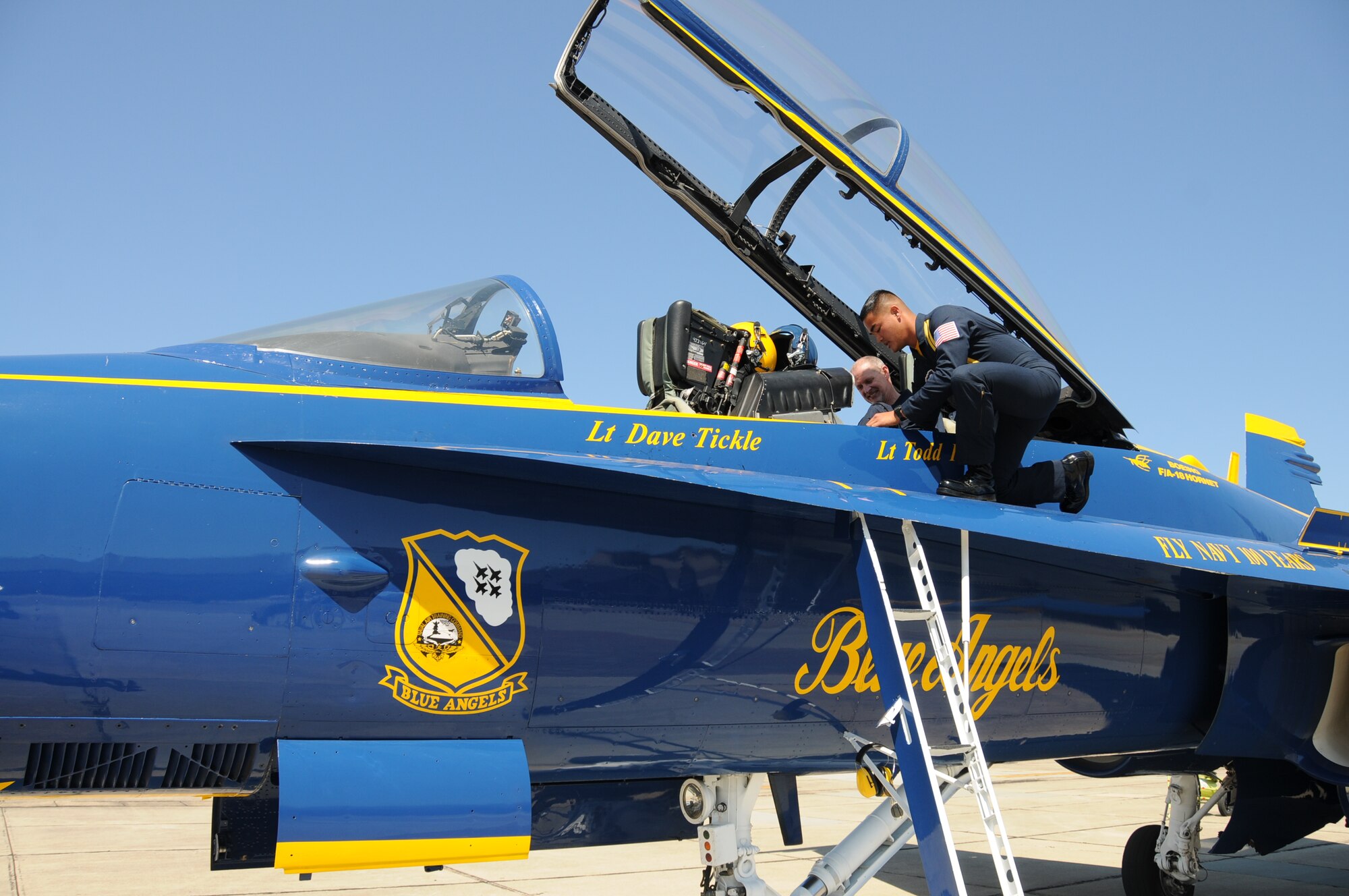 March 16, the Navy Blue Angels flight demonstration squadron provided incentive rides for education leaders and media representatives in advance of Keesler's Angels Over the Bay Open House and Air Show, scheduled for March 19 and 20.  Last year, the Blue Angels performed 68 air shows at 35 U.S. sites in their F/A-18 Hornets for more than 8 million spectators.  Since its inception in 1946, the Blue Angels have performed for more than 463 million fans.  (U.S. Air Force photos by Kemberly Groue)