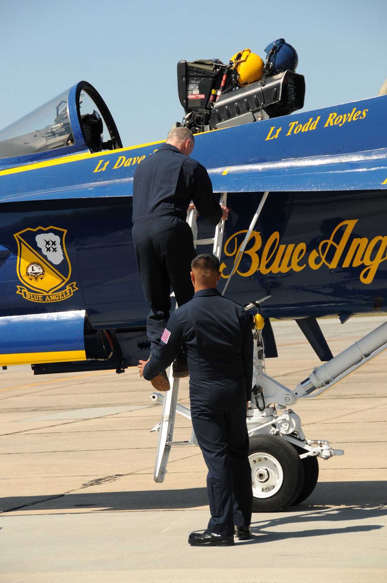 March 16, the Navy Blue Angels flight demonstration squadron provided incentive rides for education leaders and media representatives in advance of Keesler's Angels Over the Bay Open House and Air Show, scheduled for March 19 and 20.  Last year, the Blue Angels performed 68 air shows at 35 U.S. sites in their F/A-18 Hornets for more than 8 million spectators.  Since its inception in 1946, the Blue Angels have performed for more than 463 million fans.  (U.S. Air Force photos by Kemberly Groue)