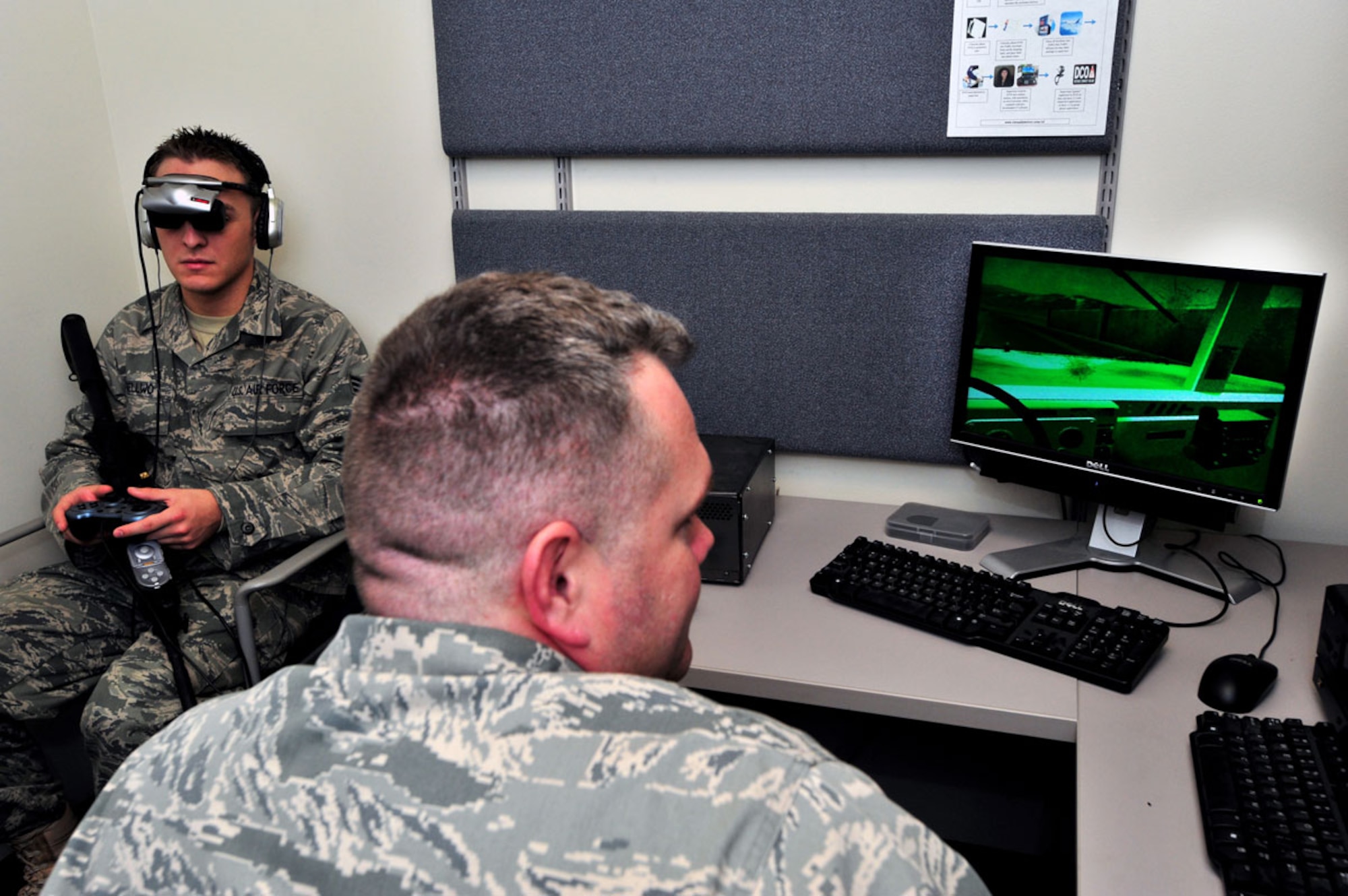 Air Force Capt. (Dr.) Kevin Curtis, 673d Medical Operations Squadron, demonstrates the use of Post Traumatic Stress Disorder diagnostic equipment at the Joint Venture VA/DoD Hospital, with help from Senior Airman Michael Dellwo, Mental Health Flight. Many PTSD sufferers have experienced a Traumatic Brain Injury as well. (U.S. Air Force photo/A1C Jack Sanders)
