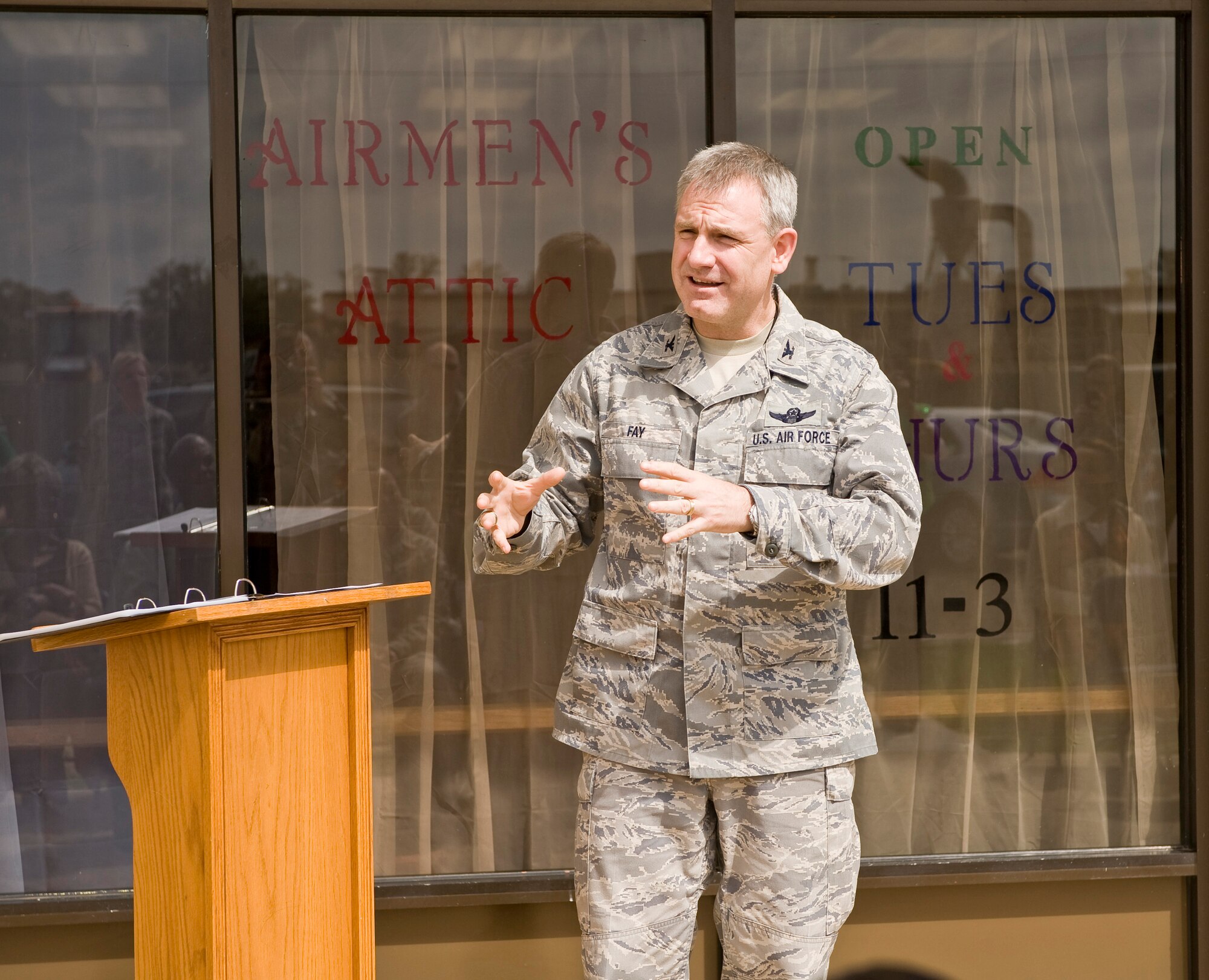 Col. Timothy Fay, 2nd Bomb Wing commander, speaks during the reopening ceremony of the Airman's Attic on Barksdale Air Force Base, La., March 17. The Airman's Attic provides Airmen with secondhand merchandise donated by their peers free-of-charge. (U.S. Air Force photo/Senior Airman Chad Warren)(RELEASED)