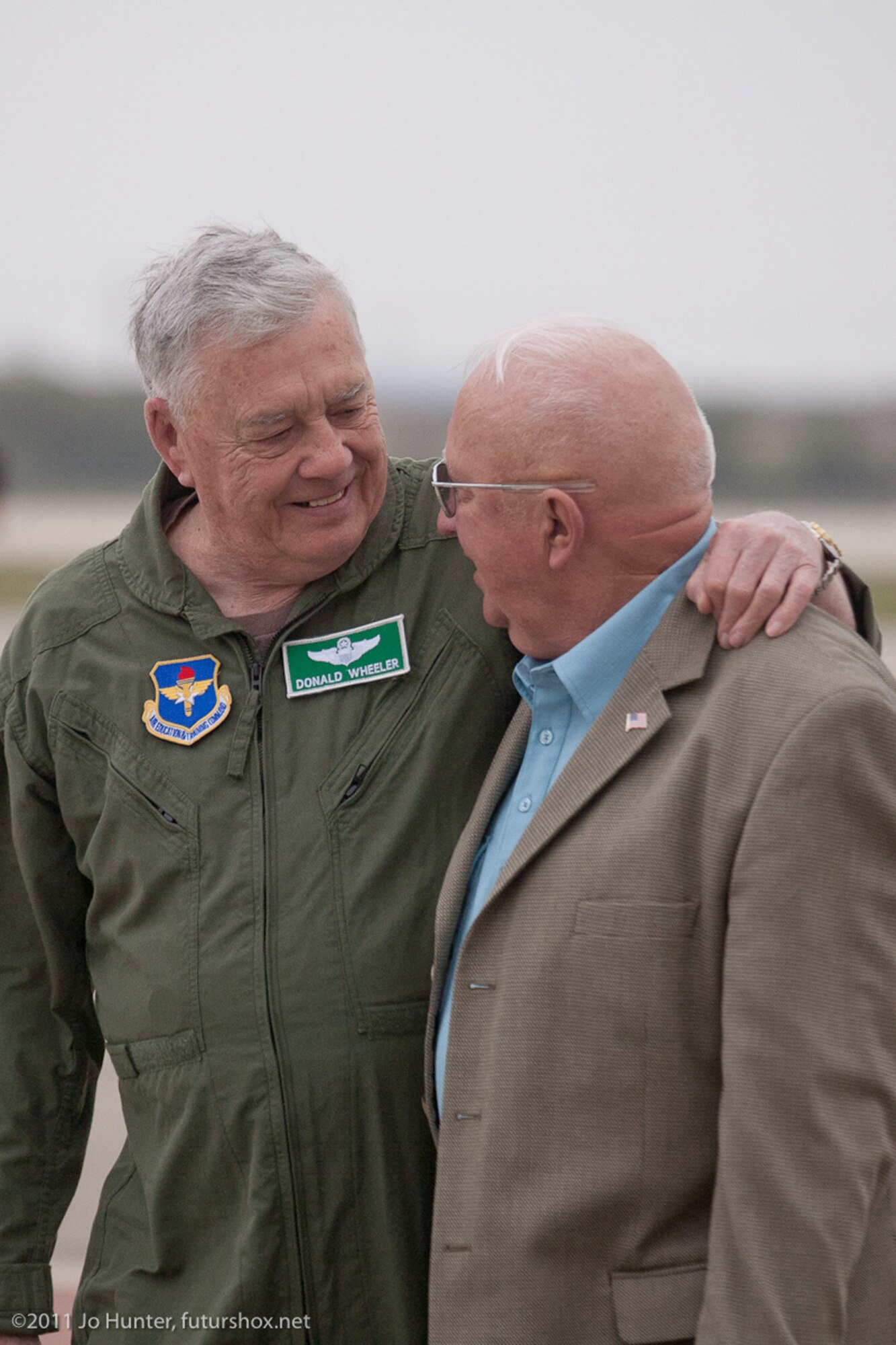 Retired Lt. Col. Donald Wheeler (left) greets retired Col. James Gibler March 17, 2011, at Randolph Air Force Base, Texas. Colonel Wheeler was a member of the first class of pilots to train on the T-38 Talon. He graduated in 1962. Colonel Gibler was Colonel Wheeler's T-38 instructor. The two men had not seen each other for 49 years. (Courtesy photo/Jo Hunter)