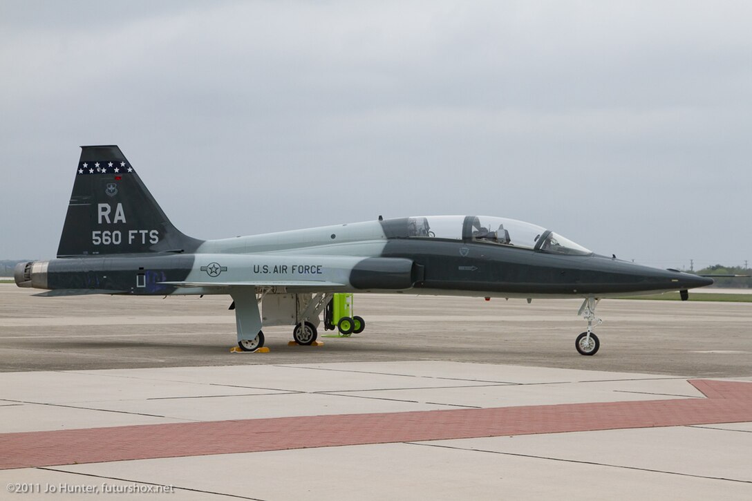 A T-38 Talon sits on the flightline at Randolph Air Force Base, Texas, March 17, 2011, during a ceremony commemorating the aircraft's 50th anniversary. (Courtesy photo/Jo Hunter)