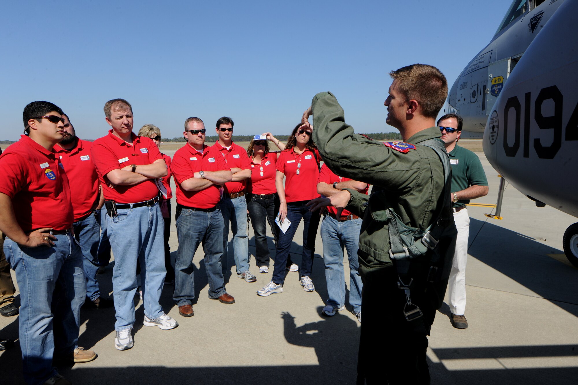 MOODY AIR FORCE BASE, Ga.-- Maj. Dylan Thorpe, A-10 East Demonstration Team pilot, explains his egress equipment to members of Leadership Lowndes during a base visit March 17. Members of Leadership Lowndes were treated to a full demonstration by the team during their tour of Moody. (U.S. Air Force photo/Airman 1st Class Benjamin Wiseman)(RELEASED)