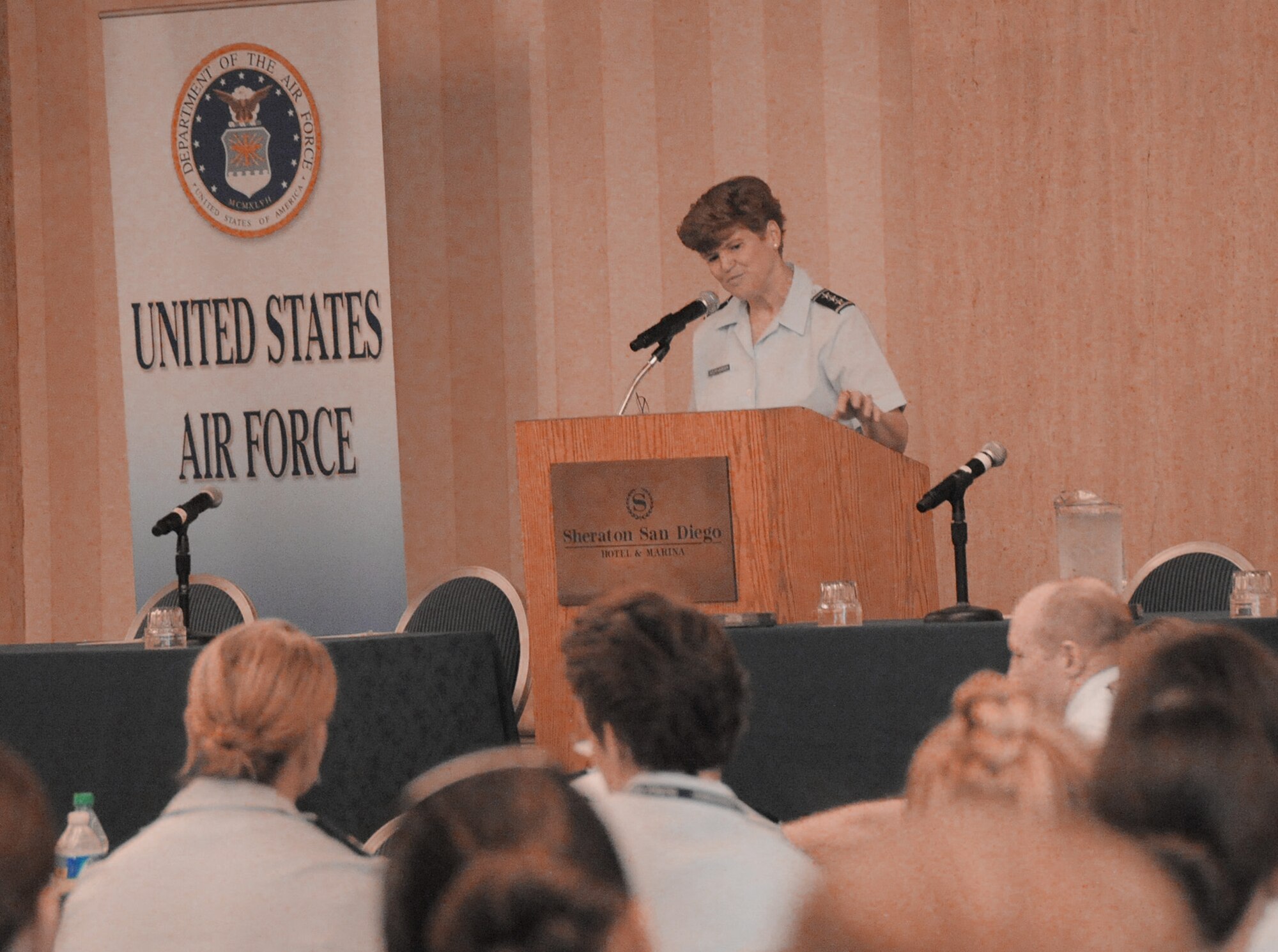 Lt. Gen. Janet Wolfenbarger speaks to more than 130 Airmen on her experiences and lessons learned during the Joint Women's Leadership Symposium March 16, 2011, in San Diego, Calif.  Military women from across the nation have gathered here March 15 and 16 to focus on professional development. General Wolfenbarger is the vice commander of the Air Force Materiel Command. (U.S. Air Force photo/Staff Sgt. Vanessa Young)