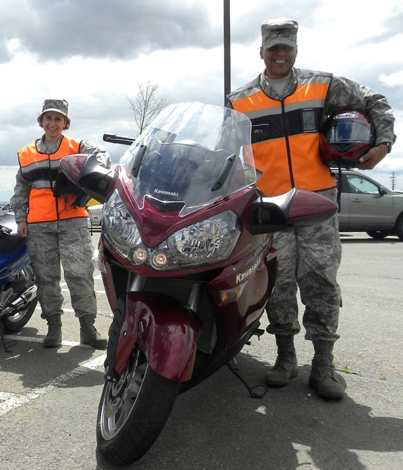 Brig. Gen. (Sel) Anthony Cotton, 341st Missile Wing commander (foreground), and Chief Master Sgt. Cari Kent, 341st MW command chief, don protective gear before a ride. (Courtesy Photo)