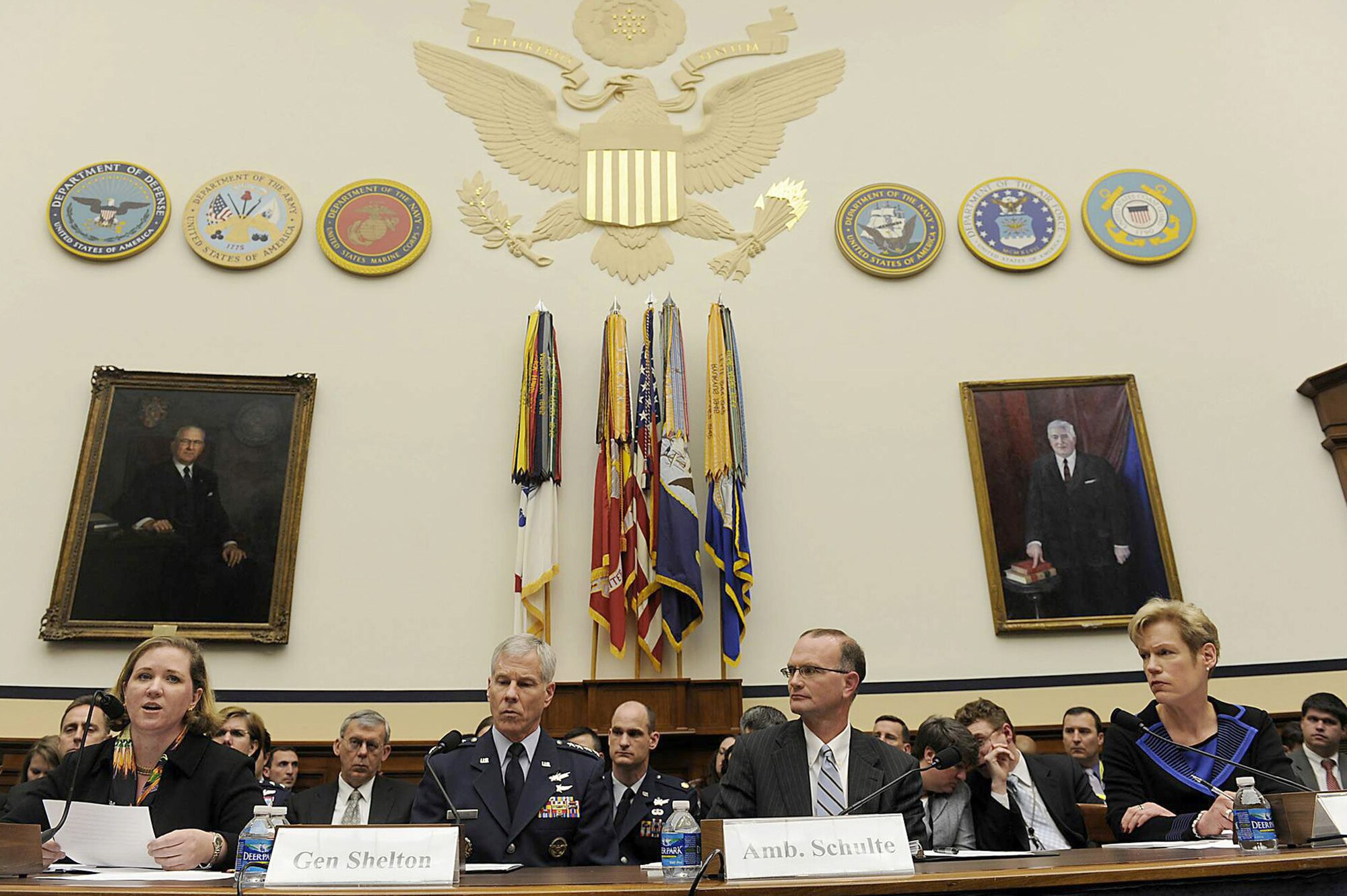 Air Force and Department of Defense leaders testify before the Strategic Forces Subcommittee of the House Armed Services Committee March 15, 2011, in Washington, D.C. (From left) Erin Conaton, the Under Secretary of the Air Force; Gen. William Shelton, the Air Force Space Command commander; Ambassador Gregory Schulte, the deputy secretary of defense for Space Policy; and Betty Sapp, the National Reconnaissance Office principal deputy director, briefed the subcommittee and answered questions regarding
national security space activities associated with the Fiscal 2012 national defense authorization budget request. Rep. Mike Turner chaired the subcommittee. (U.S. Air Force photo/Scott M. Ash)
