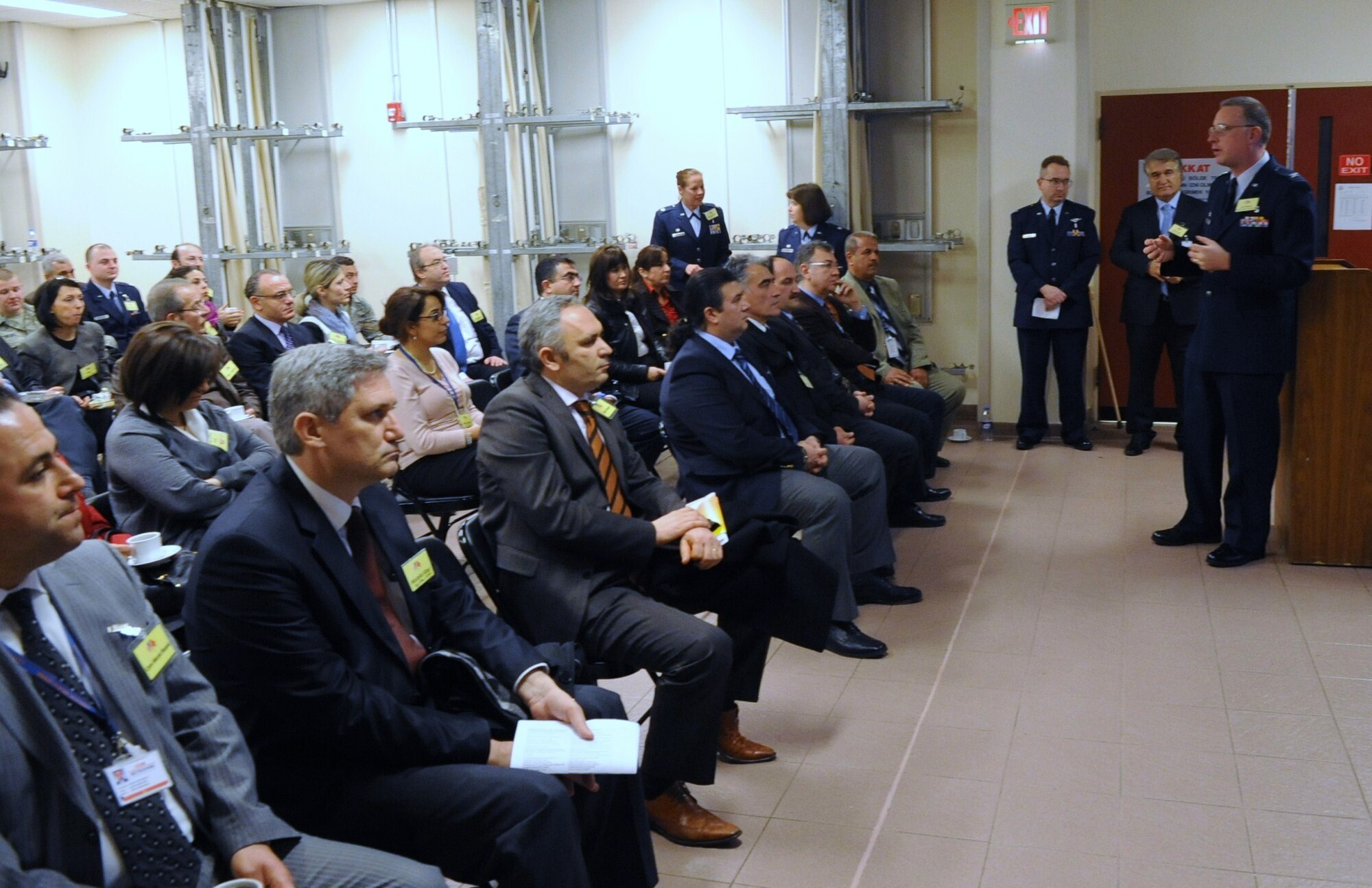 Col. Jay Cloutier, the 39th Medical Group commander, briefs providers from Acibadem and Metropark hospitals on the 39th MDG mission and organization chart during an open house event March 10, 2011 at Incirlik Air Base, Turkey. The open house event gave Medical Group personnel the opportunity to interact with their fellow host-nation physicians, officials said.  (U.S. Air Force photo by Airman 1st Class Clayton Lenhardt/Released)