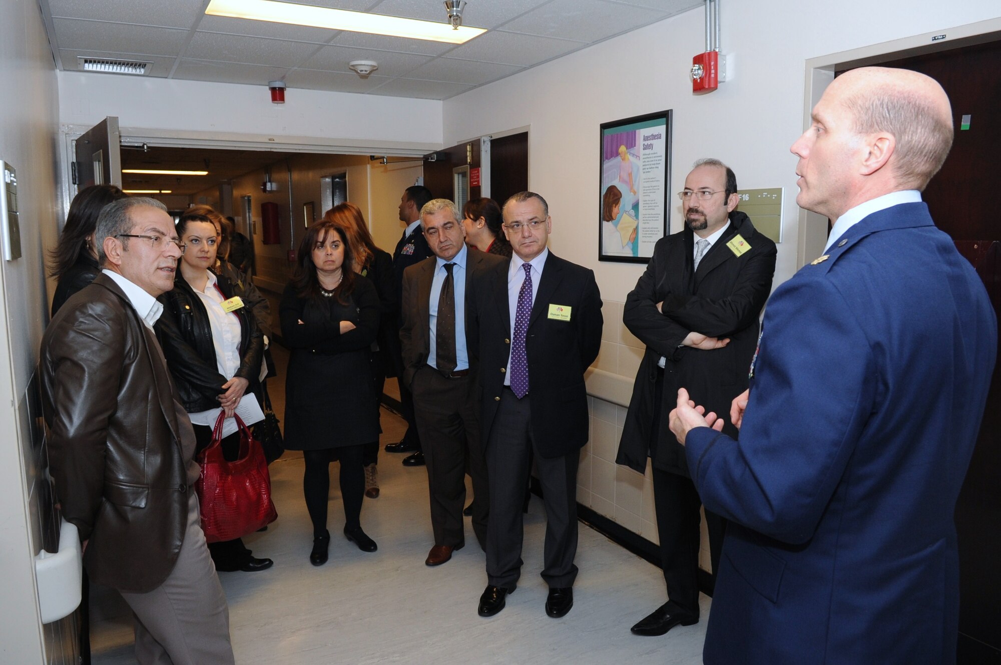 Maj. Robert Chaplin, the 39th Medical Group anesthesia element chief, briefs providers from Acibadem and Metropark hospitals on the surgery capabilities at Incirlik Air Base, Turkey, during the 39th MDG open house March 10, 2011. The open house event gave Medical Group personnel the opportunity to interact with their fellow host-nation physicians, officials said.  (U.S. Air Force photo by Airman 1st Class Clayton Lenhardt/Released)