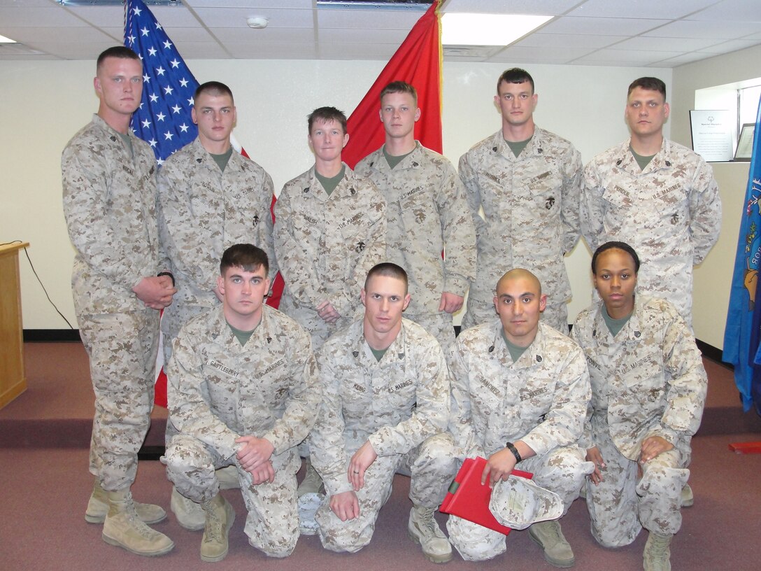 Marines pictured are front row left to right Cpl Castleberry, Sgt Klug, SSgt Sanchez, SSgt Rose.  Back row left to right Sgt Hucal, Sgt Bowlin, SSgt Walsh, Sgt Morris, Sgt Ruzicka, SSgt Perdue.