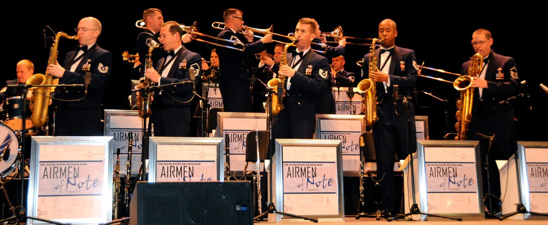 The U.S. Air Force Band Airmen of Note brass and saxophone sections perform some choreography on "In The Mood" to wrap up a performance March 17 at Salem High School, Salem, Va. The Note is traveling through Virginia, Tennessee, Mississippi and Arkansas on it’s 2011 Spring Tour. (U.S. Air Force photo by Airman 1st Class Tabitha N. Haynes)