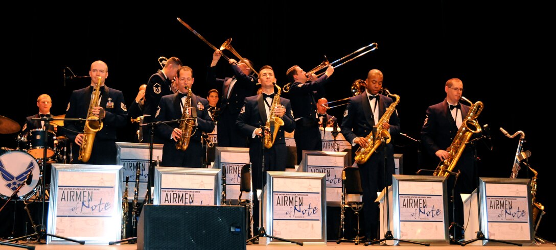 The U.S. Air Force Band Airmen of Note brass and saxophone sections perform some choreography on "In The Mood" to wrap up a performance March 17 at Salem High School, Salem, Va. The Note is traveling through Virginia, Tennessee, Mississippi and Arkansas on it’s 2011 Spring Tour. (U.S. Air Force photo by Airman 1st Class Tabitha N. Haynes)