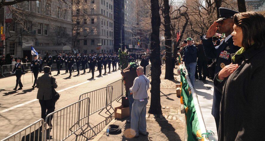 Maj. Gen. Darren McDew, Air Force District of Washington commander, along with his wife Mrs. Evelyn McDew, salute the United States Air Force Airmen marching in the 2011 New York City St. Patrick’s Day Parade, March 17. Members from The USAF Honor Guard, USAF Band of Liberty, Hanscom Field, Bedford, Mass., and New York Air National Guard Stewart Field, Newburg, NY. participated in the parade. (U.S. Air Force photo by Senior Airman Christopher Ruano)