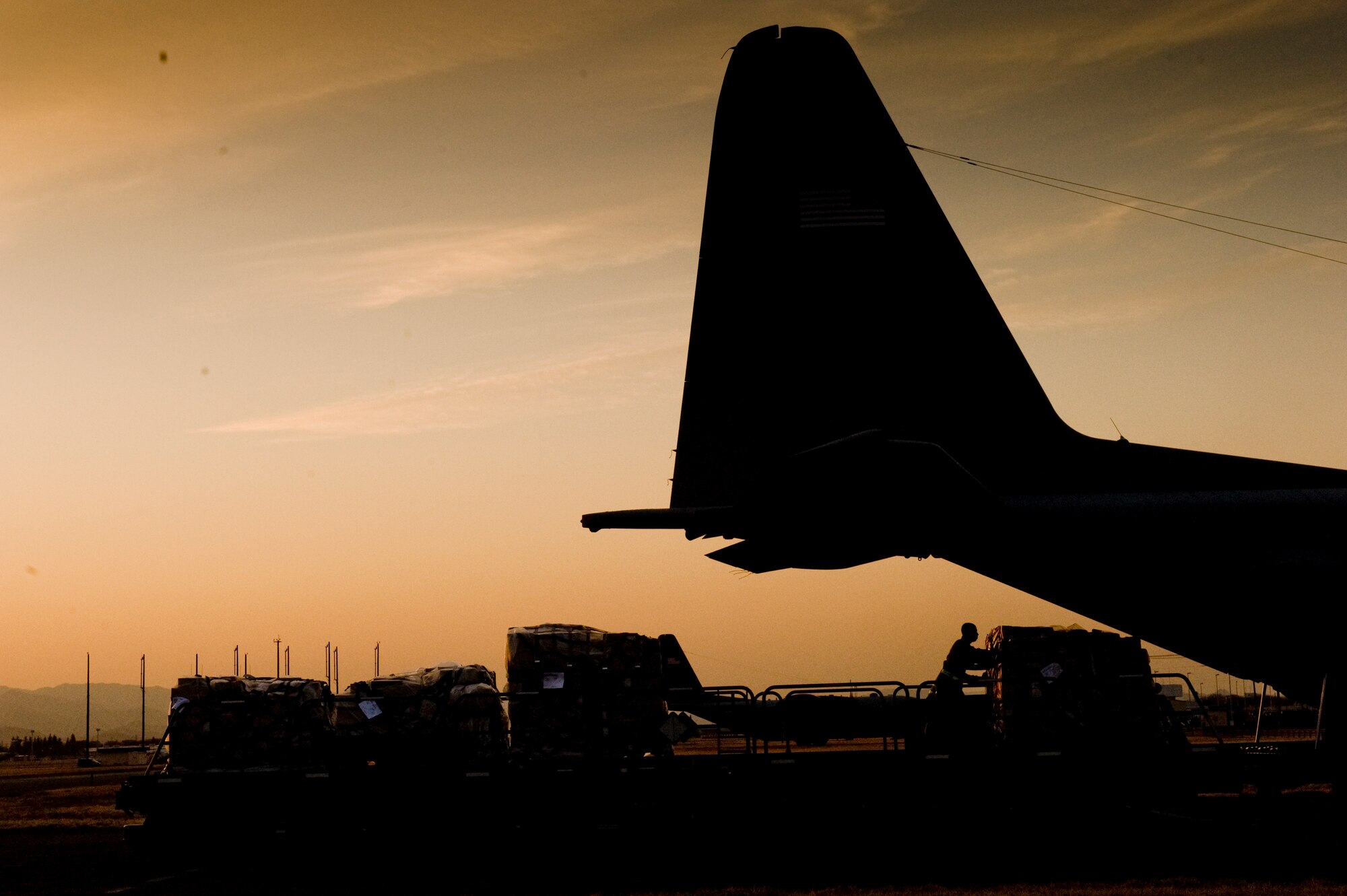 YOKOTA AIR BASE, Japan -- Pallets of medical supplies are pushed onto a C-130H Hercules here March 19. Medical supplies were flown to Sendai and Hanamaki Airport to be distributed to local hospitals and evacuation centers as part of Operation Tomodachi.   (U.S. Air Force photo/Staff Sgt. Jonathan Steffen)