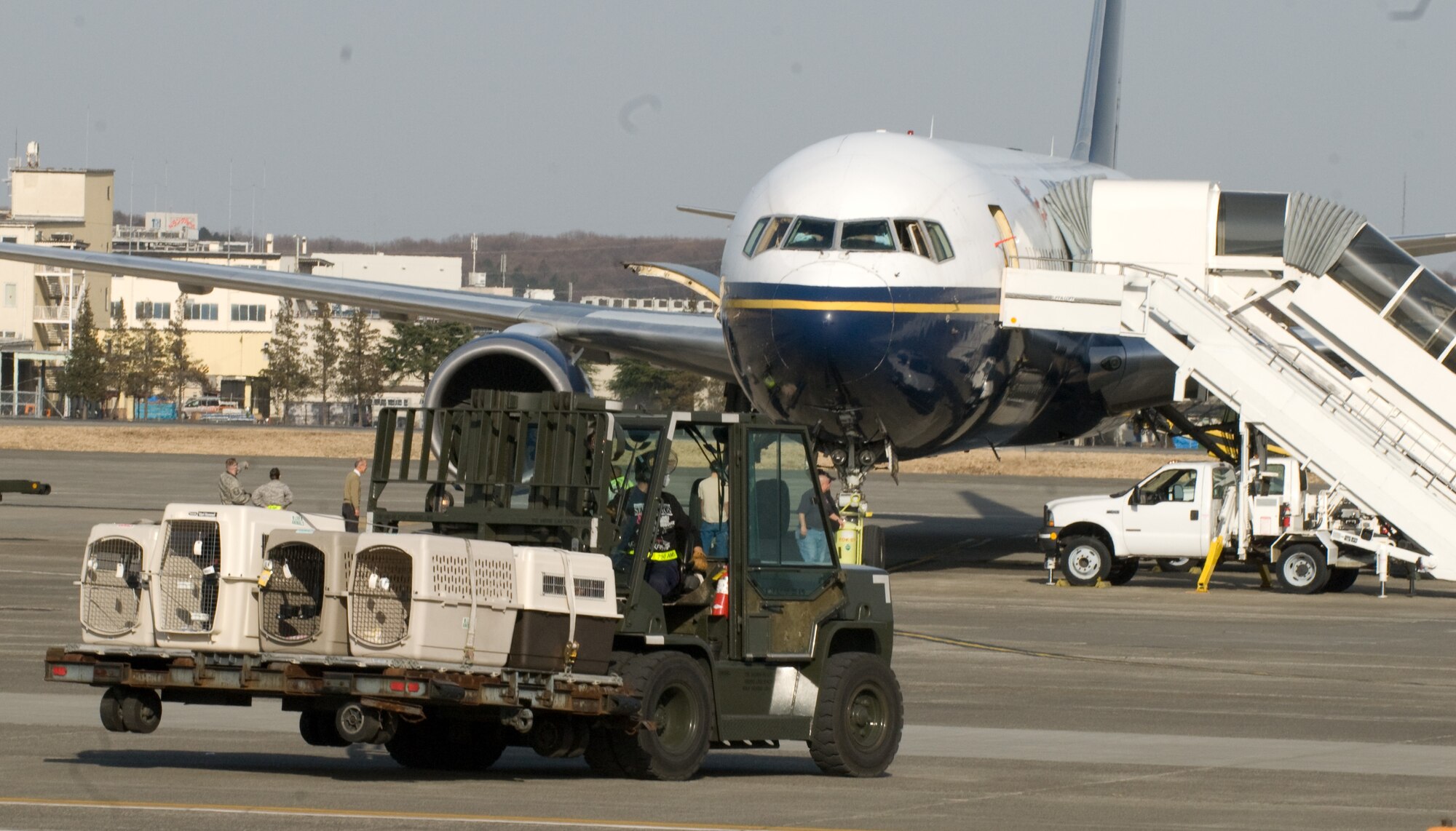 YOKOTA AIR BASE, Japan -- Members of the 730th Air Mobility Squadron transport animals to a Boeing-767 aircraft here March 19. The animals, along with military family members, are part of the first voluntary authorized departure flight from Yokota. (U.S. Air Force photo/Staff Sgt. Robin Stanchak) 