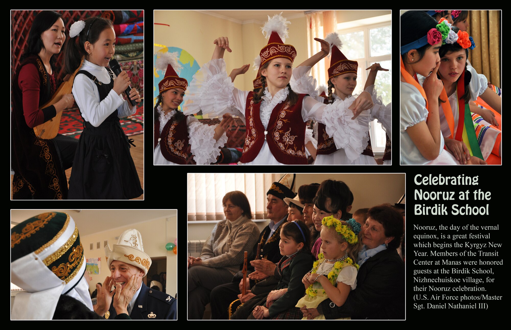 TRANSIT CENTER AT MANAS, Kyrgyzstan -- Nooruz, the day of the vernal equinox, is a great festival which begins the Kyrgyz New Year. Members of the Transit Center at Manas were honored guests at the Birdik School, Nizhnechuiskoe village, for their Nooruz celebration. (U.S. Air Force photos/Master Sgt. Daniel Nathaniel III)