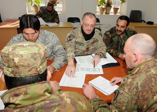 SHINDAND, Afghanistan - Italian Air Force service members, with NATO Training Mission - Afghanistan / 838th Air Expeditionary Advisory Group, have a meeting with Afghan Air Force members about the need to document requests that are made in Shindand, Afghanistan. (U.S. Navy photo by Mass Communications Specialist 3rd Class Jared E. Walker).