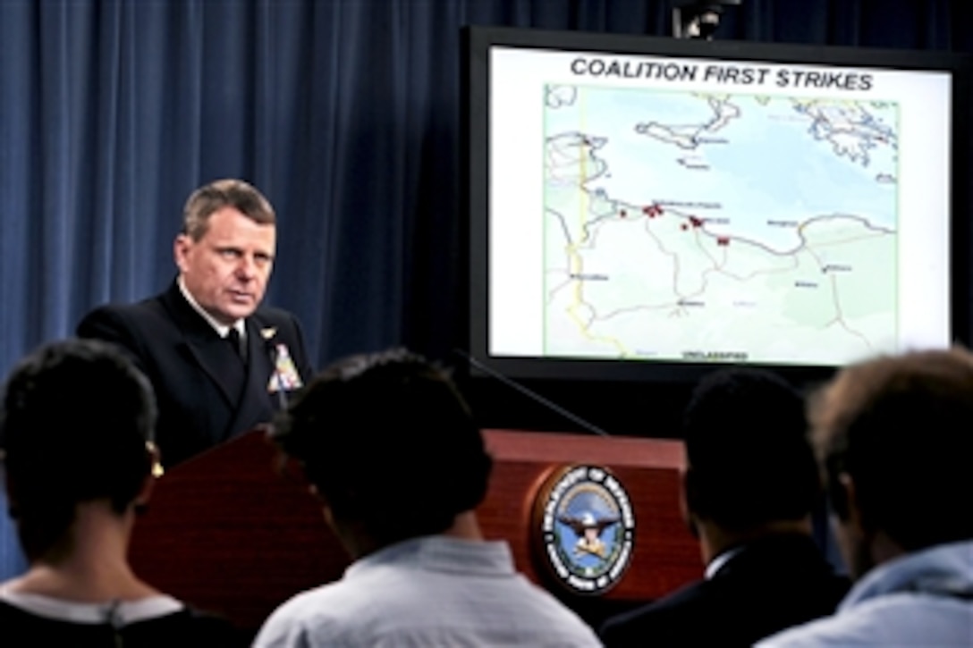 Navy Vice Adm. William E. Gortney, director of the Joint Staff, briefs the press on "Operation New Dawn" at the Pentagon, March 19, 2011. Gortney announced that coalition forces have launched the operation to enforce U.N. Security Council Resolution 1973, which protects the Libyan people from their ruler.  