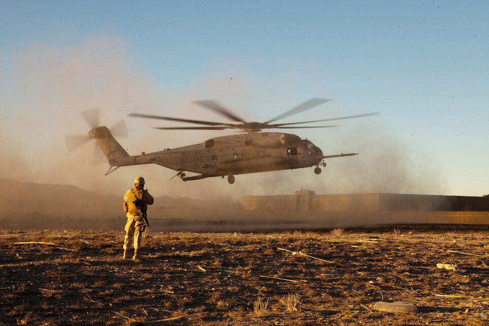 A CH-53E Super Stallion, with Marine Heavy Helicopter Squadron 461, takes off for a tactical recovery of aircraft and personnel mission, in eastern Afghanistan, March 20. The Marines involved with the mission were awarded commendatory medals for their extraordinary efforts.