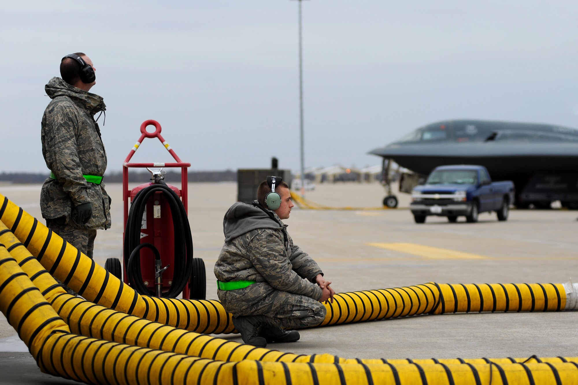 WHITEMAN AIR FORCE BASE Mo. 509th Aircraft Maintenance Squadron, maintainers and crew chiefs, prepare B-2 Stealth Bombers for Operation Odyssey Dawn March 19, 2011. (U.S. Air Force photo by Senior Airman Kenny Holston)(Released)