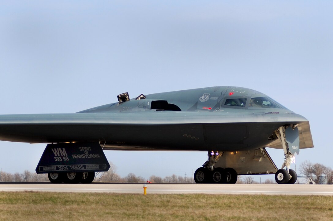 WHITEMAN AIR FORCE BASE A B-2 Stealth bomber returns from a mission March 20, 2011. (U.S. Air Force photo by Senior Airman Kenny Holston)(Released)