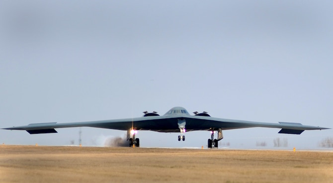 WHITEMAN AIR FORCE BASE A B-2 Stealth bomber returns from a mission March 20, 2011. (U.S. Air Force photo by Senior Airman Kenny Holston)(Released)
