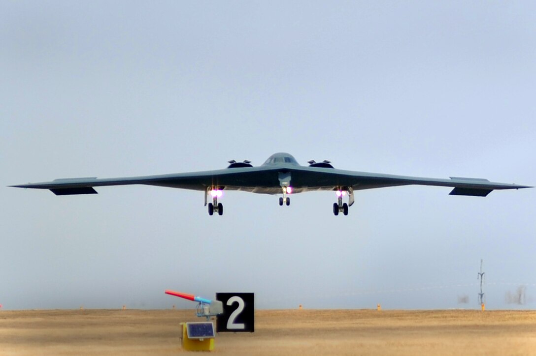 WHITEMAN AIR FORCE BASE A B-2 Stealth bomber returns from a mission March 20, 2011. (U.S. Air Force photo by Senior Airman Kenny Holston)(Released)