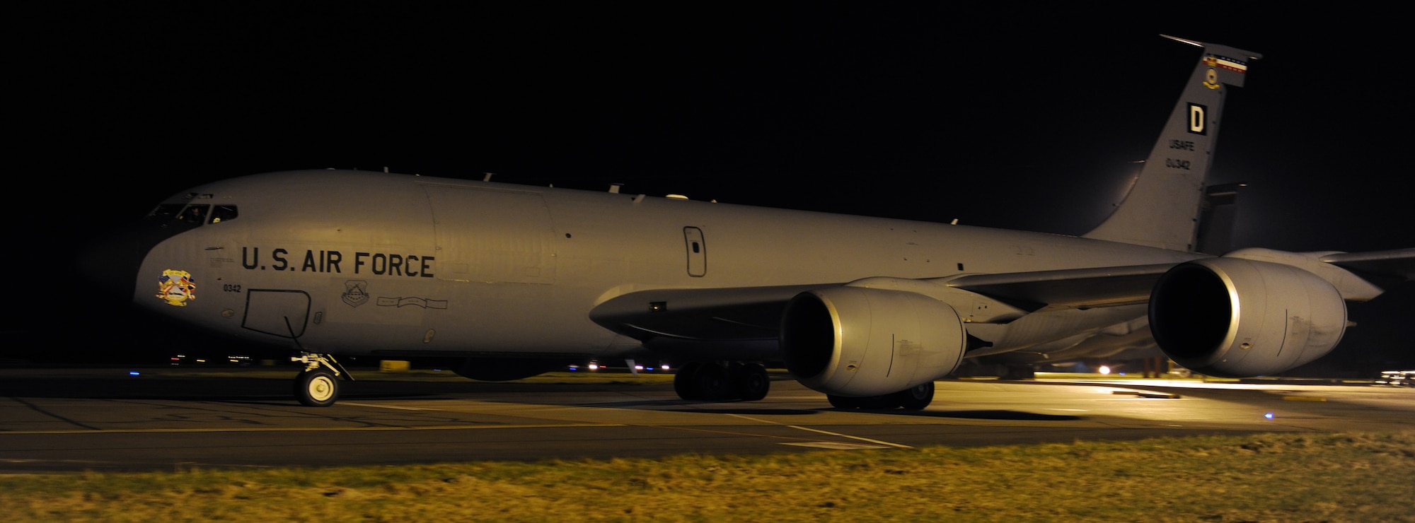 RAF MILDENHALL, England -- A KC-135 Stratotanker taxies before takeoff for a refueling mission in support of Joint Task Force Odyssey Dawn. JTF Odyssey Dawn is the U.S. Africa Command task force established to provide operational and tactical command and control of U.S. military forces supporting the international response to the unrest in Libya and enforcement of United Nations Security Council Resolution (UNSCR) 1973. UNSCR 1973 authorizes "all necessary measures" to protect civilians in Libya under threat of attack by Gadhafi regime forces. JTF Odyssey Dawn is commanded by U.S. Navy Admiral Sam Locklear. (U.S. Air Force photo by Senior Airman Tabitha M. Lee)
