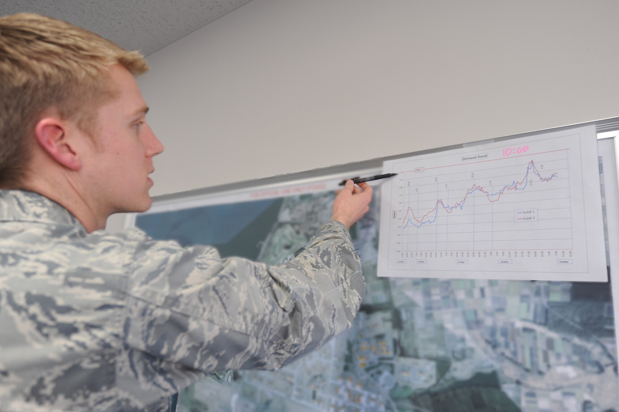 MISAWA AIR BASE, Japan -- 1st Lieutenant Reid Touchberry, 35 Civil Engineer Squadron, explains how Misawa Air Base is nearing the maximum allotted energy amount for the base on March 19 and he  explains that if the base goes over the cap,hundreds or thousands of local community residents will lose power because we took it from them. Lt. Touchberry stresses the importance of conserving as much power as we can, to help with the conservation efforts he has established the Rolling Blackout Augmentee Team.  The RBAT go throughout the entire base and unplug unnecessary items like vending machines, coffee pots, fax machines, and more to save power on base.    (U.S. Air Force photo by Staff Sgt. April Quintanilla\Released)
