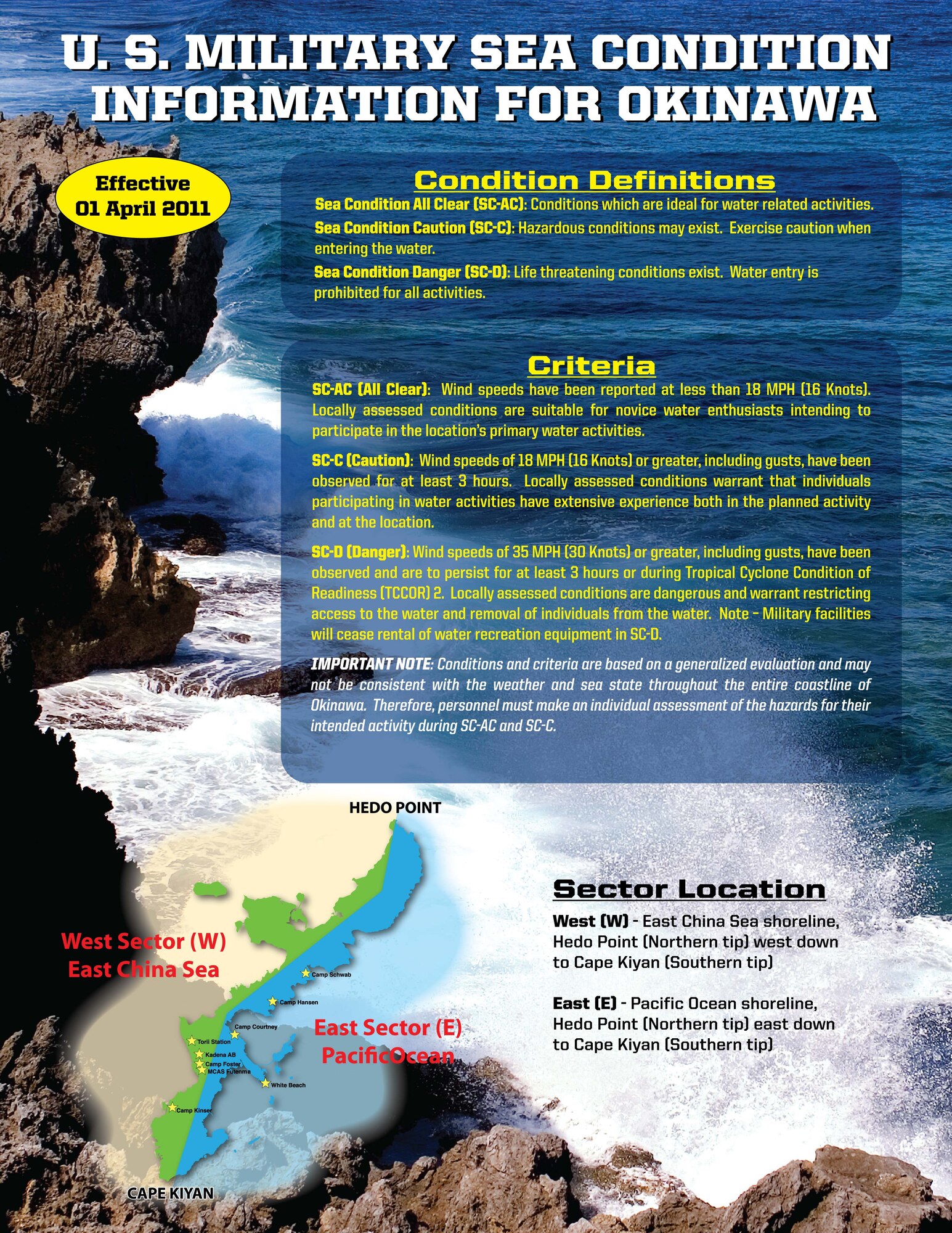 New sea condition standards, scheduled to begin April 1, are expected to better assist water enthusiasts in making informed decisions when planning ocean water activities. The new standards were necessary as the current information and categories are too complex and confusing for beachgoers - especially the abbreviations displayed on Armed Forces Network Okinawa television. New sea conditions will be "ALL CLEAR," "CAUTION," and "DANGER."