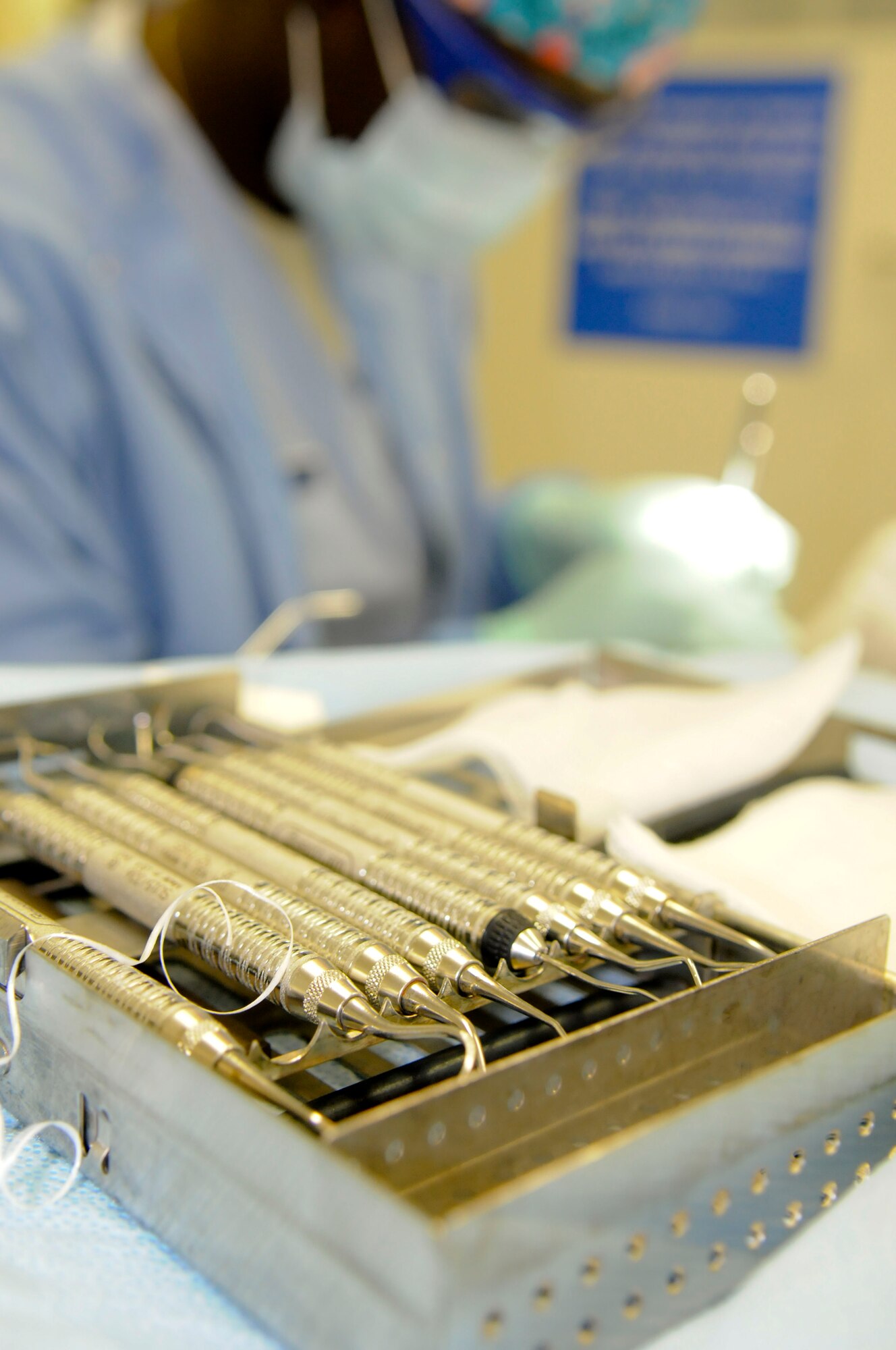 Double ended dental scalers wait to be used while Senior Airmen Alicen Demer, 18th Dental Squadron, works on a patient, March 10. The dental clinic’s main mission is to help active duty members with their oral health and make sure there is no pain or problems before they deploy. (U.S. Air Force photo/ Airmen 1st Class Brooke P. Beers)