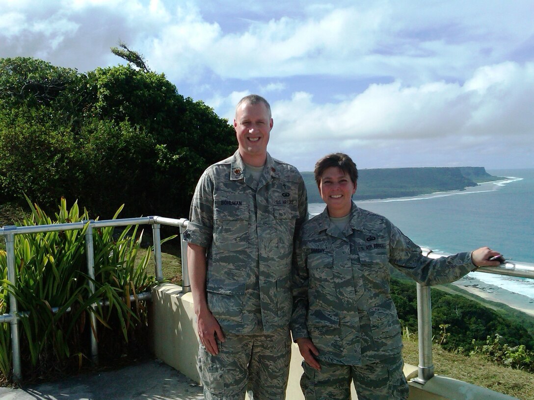Deployed Religious Support Team members Chaplain, Maj. Brian Bohlman and Master Sgt. Kathleen Shasky pose for a photo at the scenic overlook here Jan. 4. Since January 2006, a total of 33 Air National Guard chaplains and 31 chaplain assistants have served as the deployed RST here.