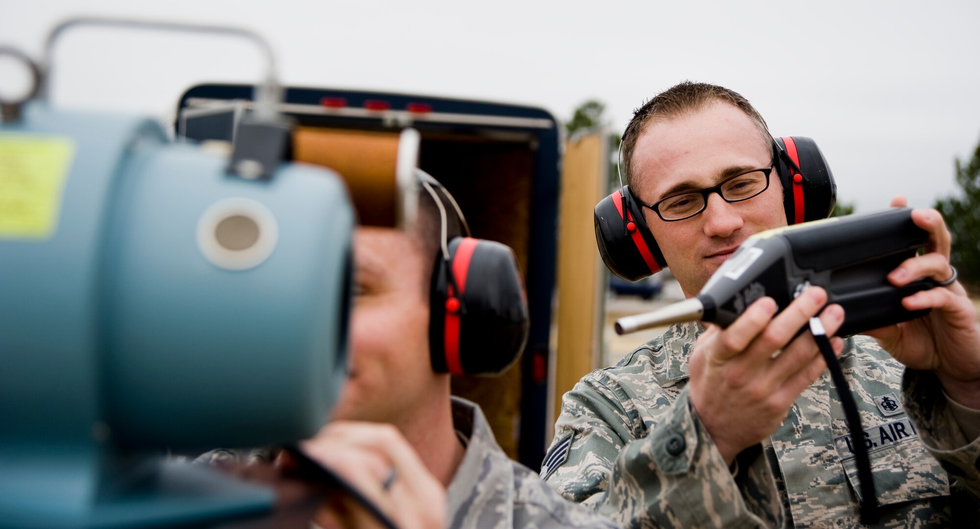 Staff Sgt. Matthew Rosenfeldt, 22nd Aerospace Medicine Squadron Industrial Hygiene Element NCOIC, surveys the amount of hazardous noise levels March 18, 2011, McConnell Air Force Base, Kan. The Dilworth, Mont., native conducts surveys and measurements to ensure Airmen are properly protected and able to complete the mission. (U.S. Air Force photo/Airman 1st Class Armando A. Schwier-Morales)  