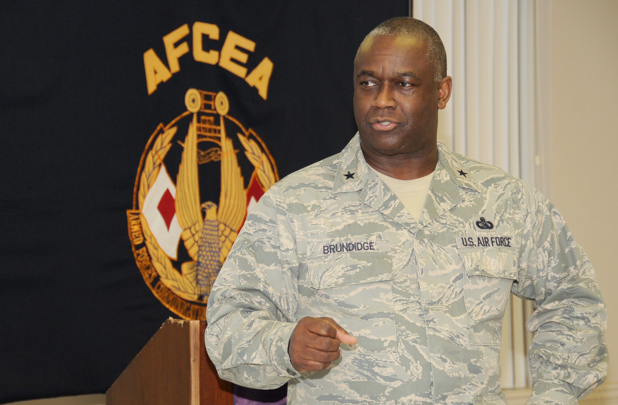 Brig. Gen. Gregory Brundidge spoke at the Armed Forces Communications and Electronics Association luncheon March 9 at the Triangle Chapel annex. General Brundidge is director of command, control, communications and warfighting  integration at Headquarters U.S. European Command, Stuttgart-Vaihingen, Germany. The general was at Keesler to participate in last week’s Scope Eagle hosted by the 333rd Training Squadron. Scope Eagle is the capstone professional development course for senior cyberspace officers. It provides an opportunity for the Air Force’s senior leaders to discuss current policies, issues and trends affecting the many diverse disciplines within the cyberspace profession.  Twenty-two officers attend each of the five classes held at Keesler each year in January, March, May, July and September.  (U.S. Air Force photo by Kemberly Groue)