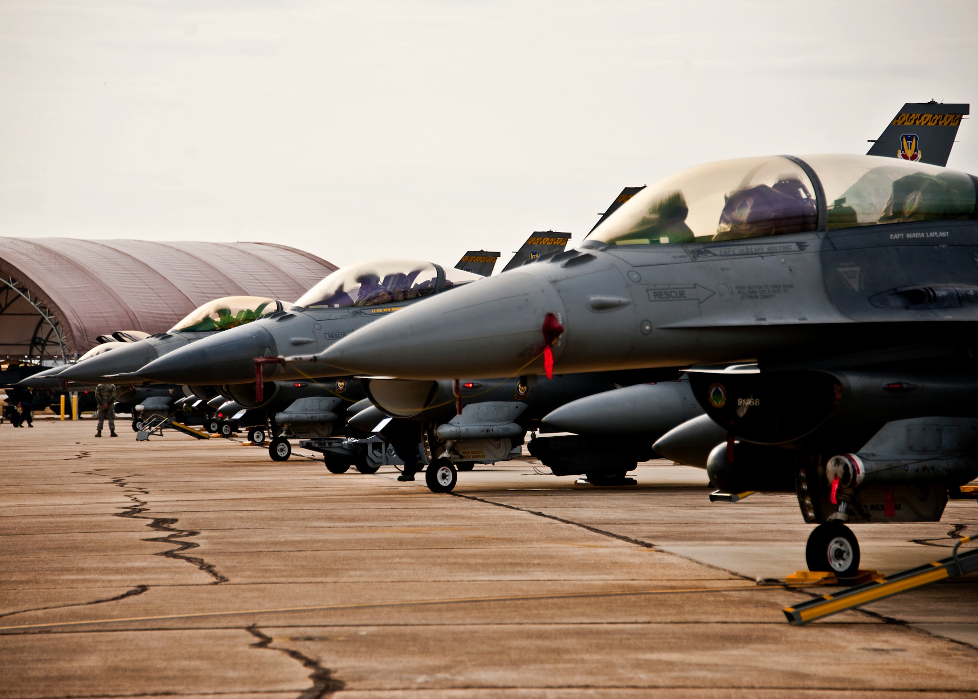 More than 10 F-16s from the 20th Fighter Wing were on hand to participate in the air-to-ground weapons system evaluation program known as Combat Hammer at Eglin Air Force Base, Fla.  The week-long evaluation is conducted by the 86th Fighter Weapons Squadron, located here.  The squadron hosts 20 to 25 evaluations at Hill and Eglin each year, assessing weapon system performance, reliability, capabilities, and limitations in realistic combat scenarios against representative real-world targets.  (U.S. Air Force photo/Samuel King Jr.)