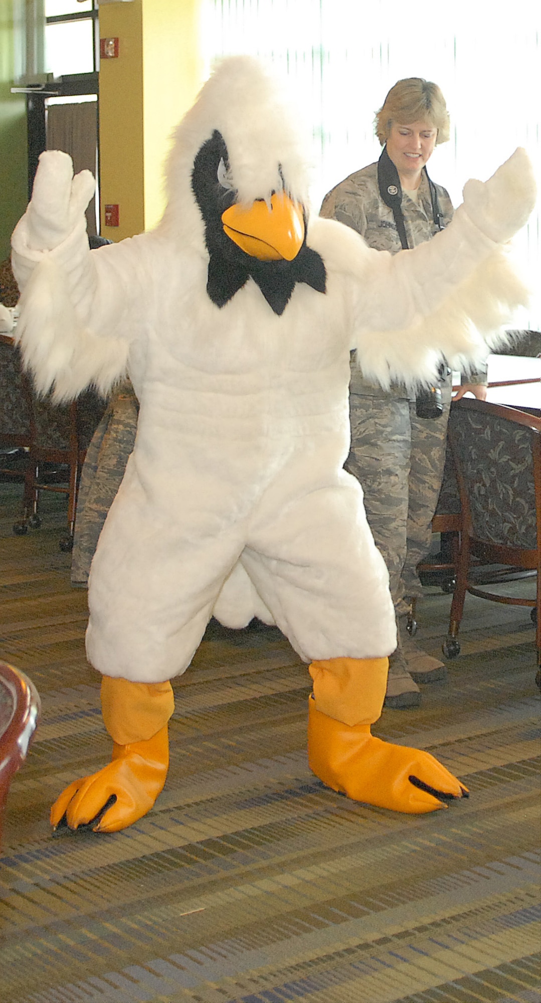 Fun, Rest, Exercise and Diet, also known as FRED, makes an appearance at the 2011 Biggest Winner celebration lunch March 16, 2011, at The Landings Club, at Dover Air Force Base, Del. FRED is the official mascot of the Health and Wellness Center and attends many HAWC sponsored events. (U.S. Air Force photo by Airman 1st Class Matthew Hubby)
